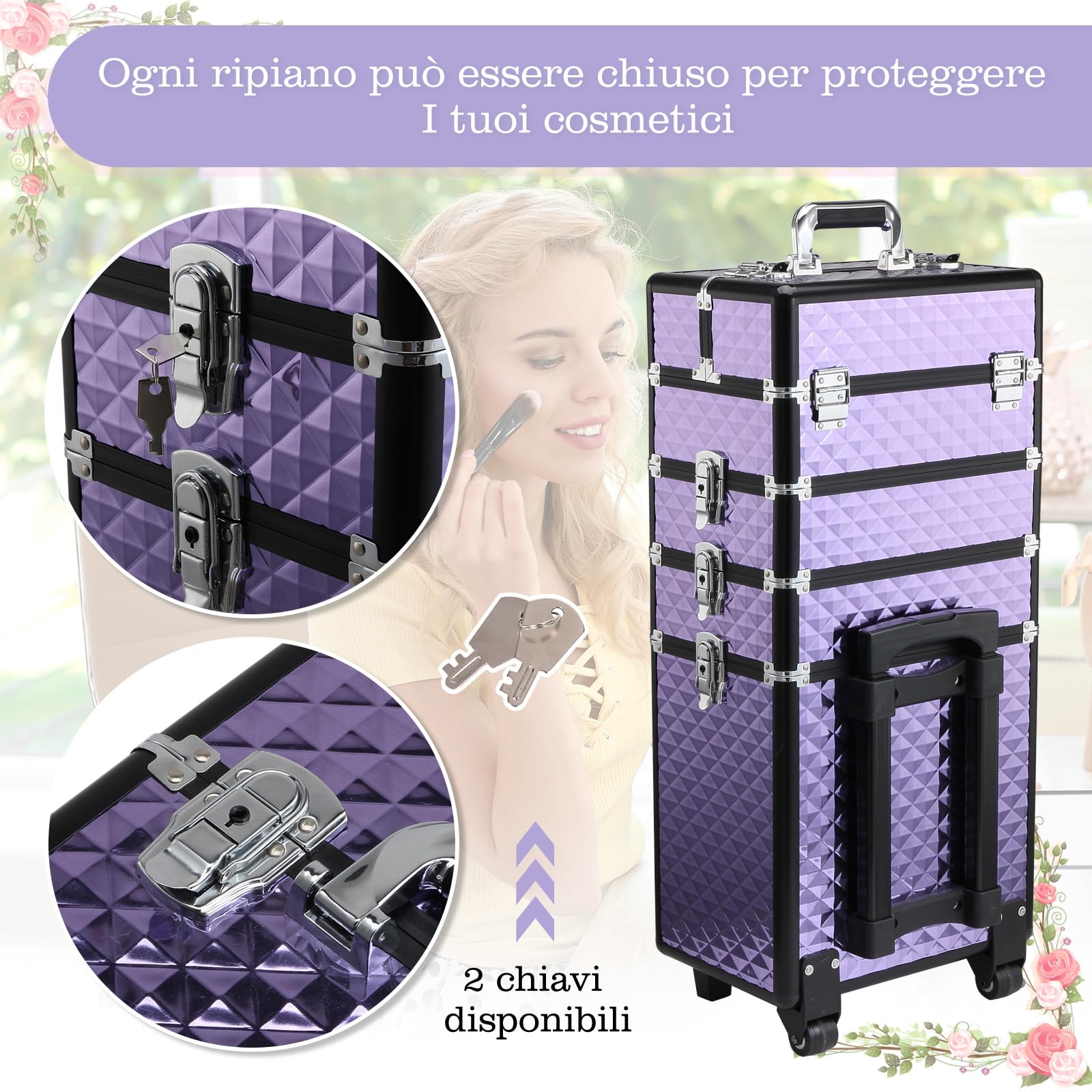 HOMCOM Valigia Porta Trucchi Professionale 2 Ruote Viola 33.5x23x76/95.5cm | Trolley Trucco Professionale, Makeup da Viaggio in Alluminio