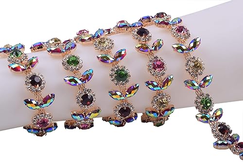 KAOYOO Cadena de diamantes de imitación Crystay con patrón de flores de 1 yarda, incrustada con cadena de cuentas de arco iris para costura,