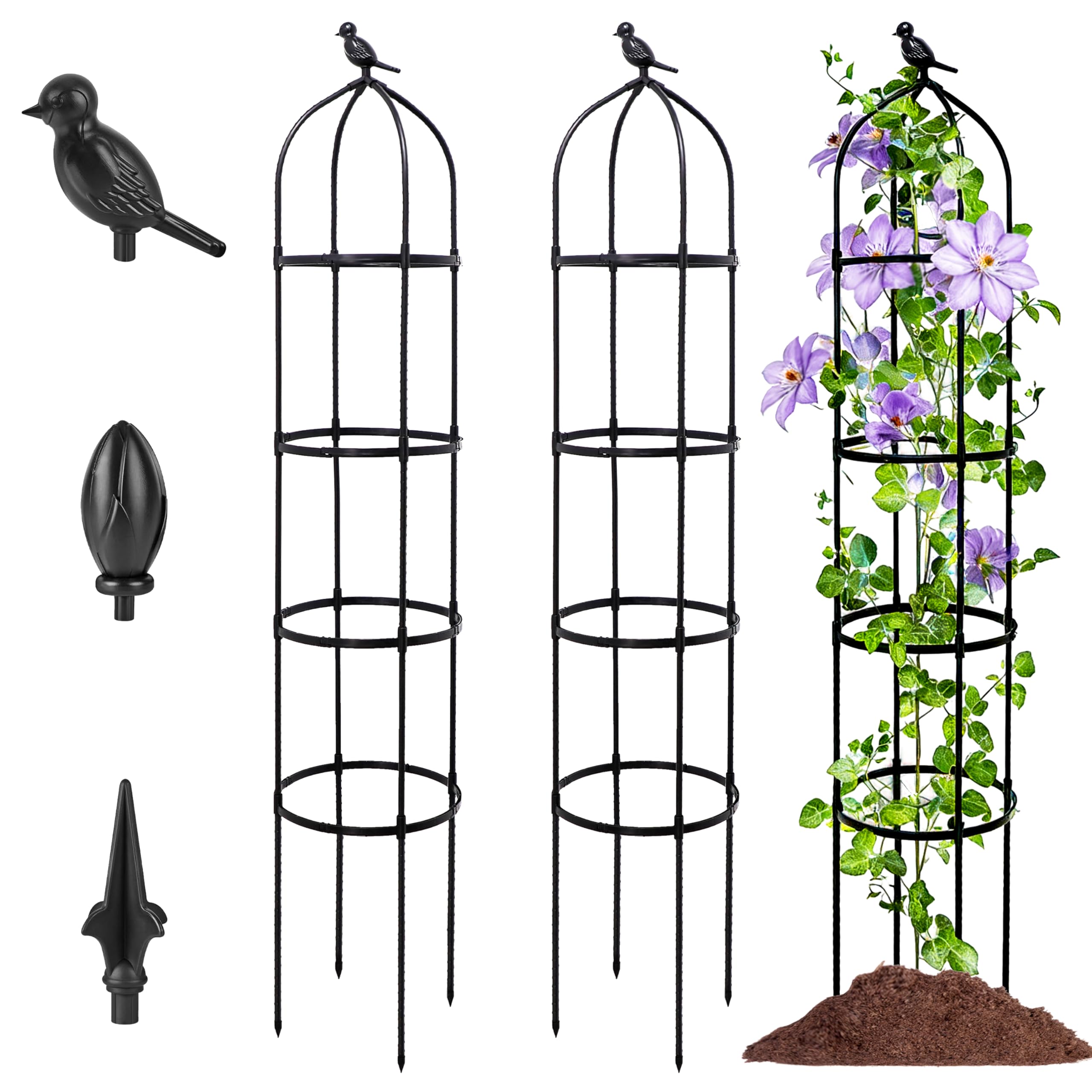 2-Pack 6FT Garden Obelisk Trellis for Climbing Plants,Adjustable 4-Tier Metal Plant Support,Rustproof Outdoor Plant Tower with 3 Decorative Tops