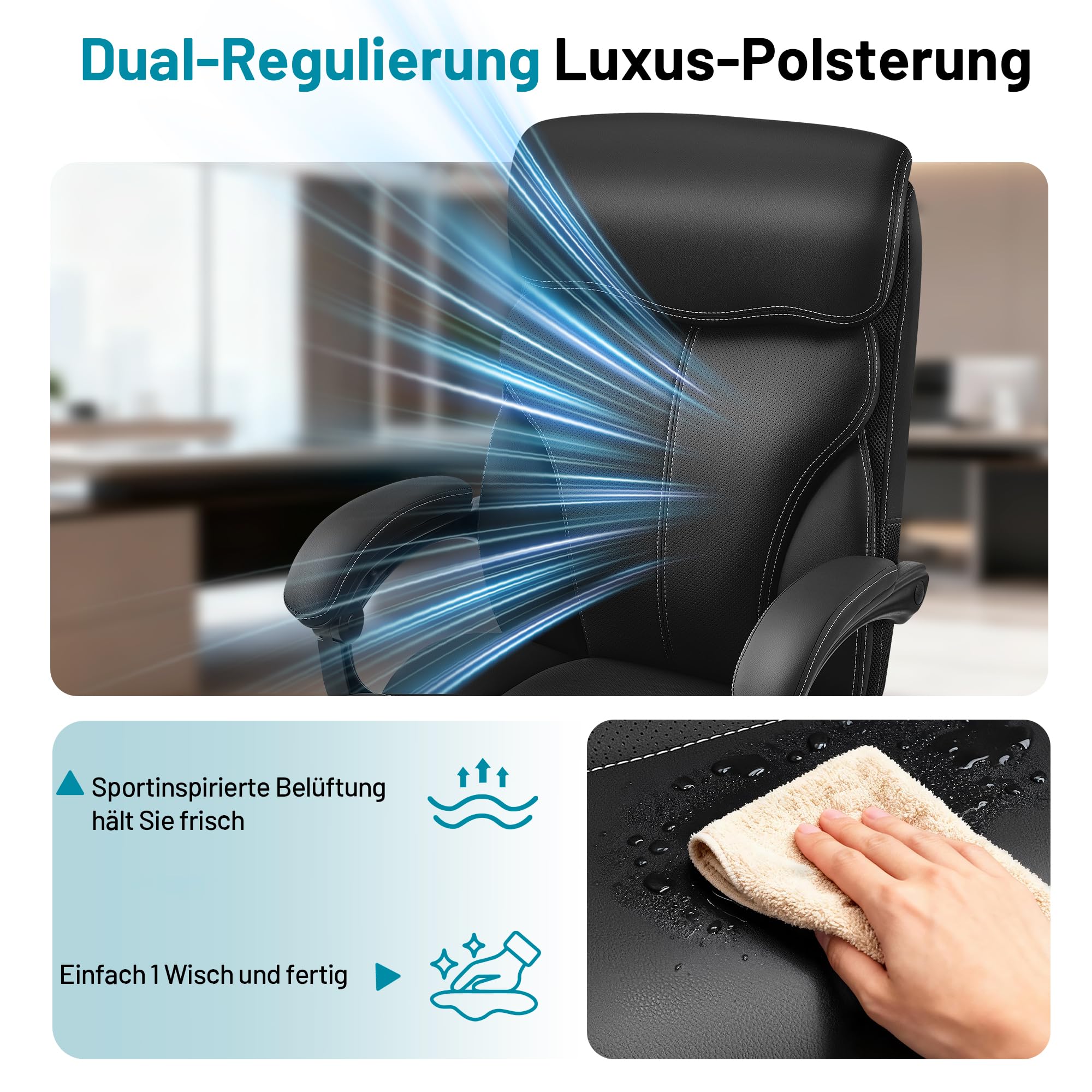 Ergonomischer Chefsessel mit Fußstütze bis 180 kg, Schwarz | Kunstlederbezug, verstellbare Armlehnen, hohe Rückenlehne, Liegefunktion, ideal für Büro & Homeoffice