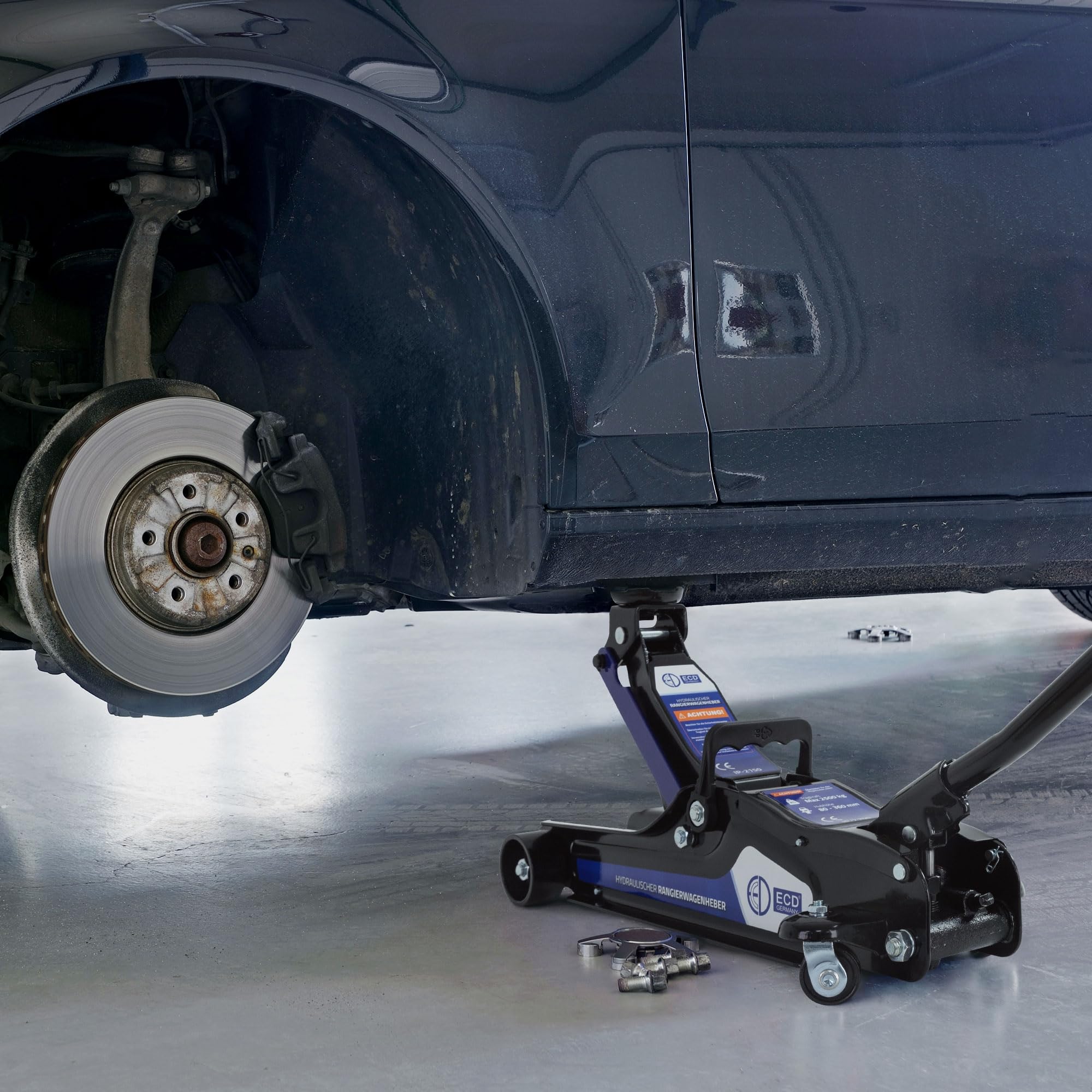 ECD Germany Gato Hirdráulico de Coche 2,5T, Altura de Elevación 80-360 mm, 2X Almohadilla de Goma + 1x Adaptador SUV, Levantador Negro con Rodillo 360° Ergónomico, Fácil de Usar