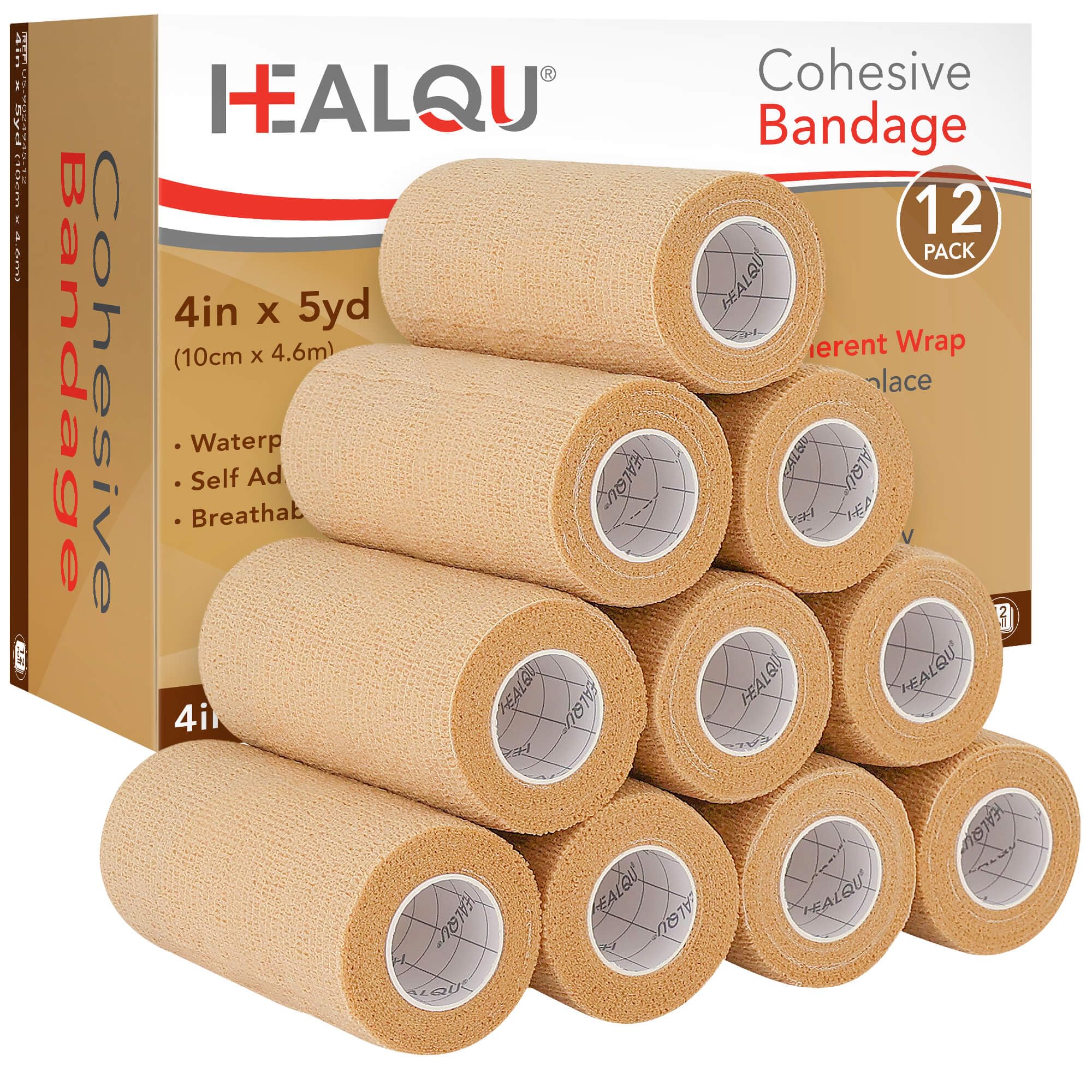HEALQU Self Adhesive Bandage Wrap – 4" x 5 Yard, 12 Rolls Cohesive Tape for Athletic & Sports - Self Adherent Medical Tape, Flexible, Waterproof Elastic Bandages for Wrist & Ankle Vet Wrap for Dogs