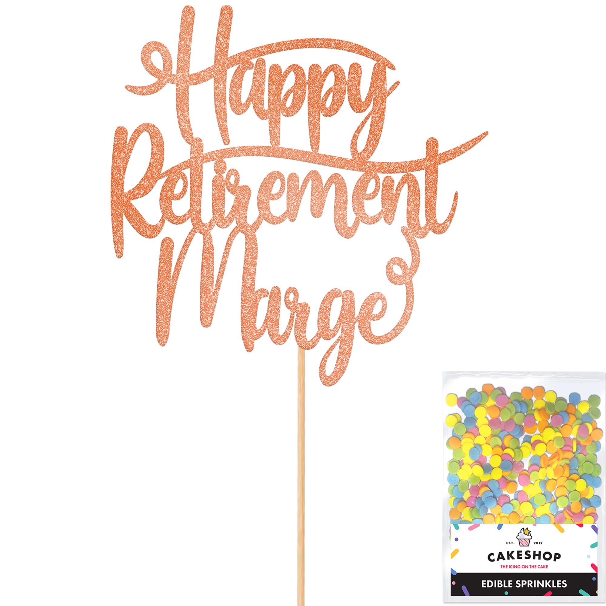 Cakeshop Personalised Happy Retirement Glitter Cake Topper With Sprinkles - Rose Gold Custom Colour - Any Name - Double-Sided Glitter Card Cake Decoration - Custom Toppers for Cakes