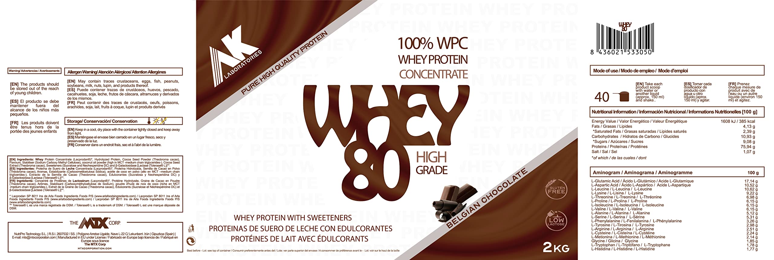 AK Laboratories WHEY 80 AK [2 KG] CHOCO- Proteínas de Suero Lácteo PREMIUM fabricado por Microfiltración mecánica en frio para preservar la integridad y funcionalidad de sus fracciones activas