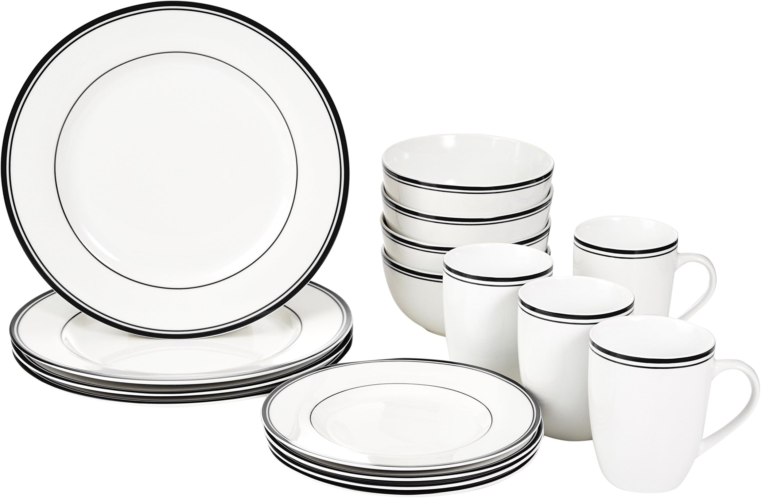 Amazon Basics Dinnerware Set for 4, 16-Piece AB-Grade Porcelain Plates Bowls, Microwave Dishwasher Safe, White with Black Trim