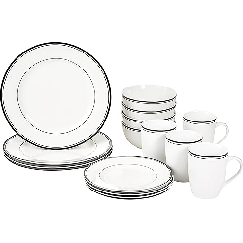 Amazon Basics 16-Piece Cafe Stripe Kitchen Dinnerware Set, Plates, Bowls, Mugs, Service for 4, Black