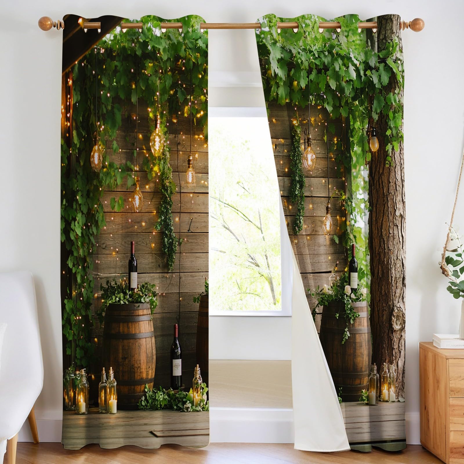 Thermovorhänge Blickdicht Verdunkelung Lichterketten und Holzfässer mit Ösen, Energiesparende Gardinen Grün mit Wärmeschutz für Wohnzimmer Kinderzimmer, 2er Set H245 x B140 cm