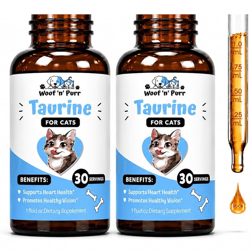 Suplemento líquido de taurina para gatos com Eyebright Woof 'n' Purr, sabor frango assado, pacote com 2 frascos de 30 mL