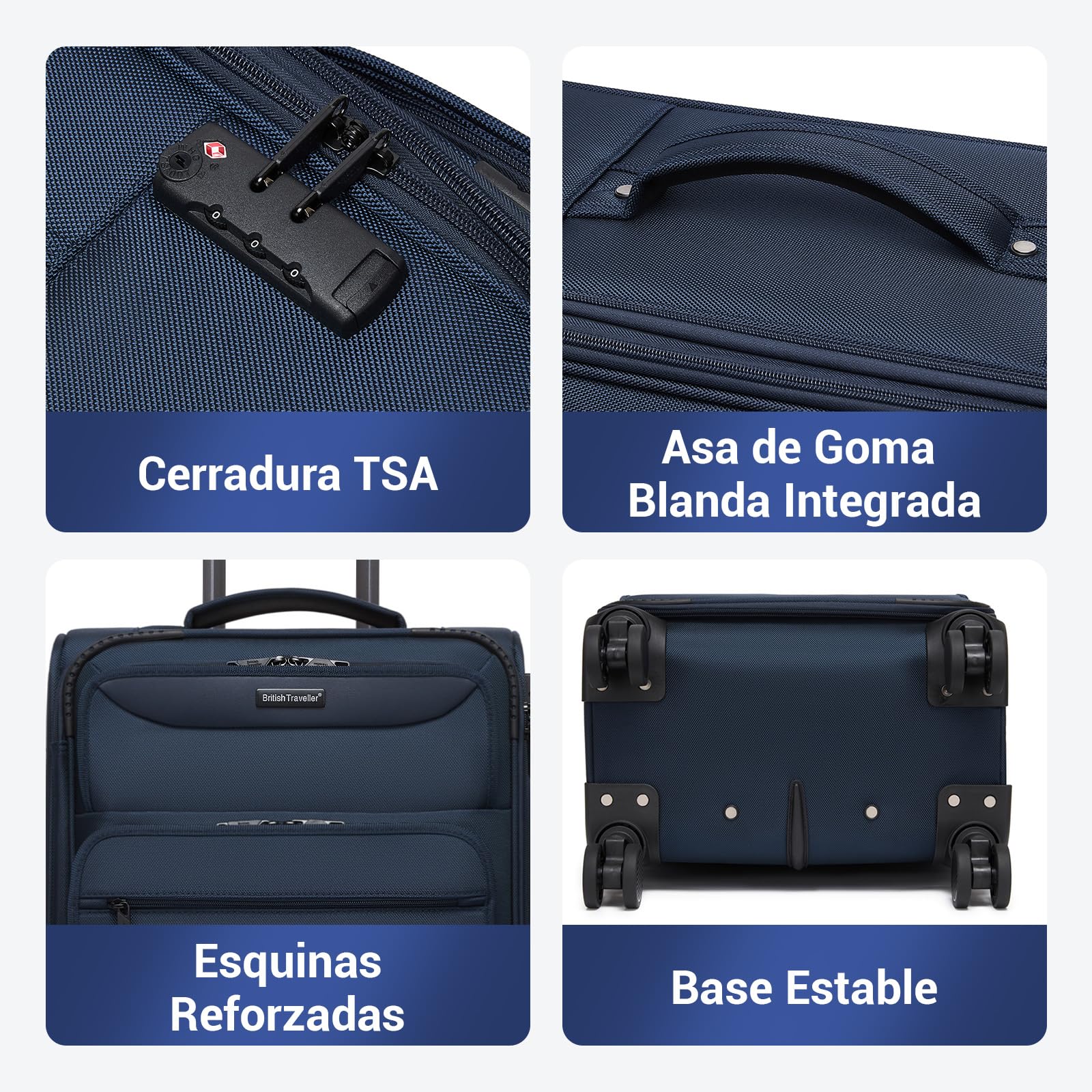 British Traveller Maleta Cabina 57,5cm Trolley Rígido con 4 Ruedas Giratorias y Cerrado TSA, Azul