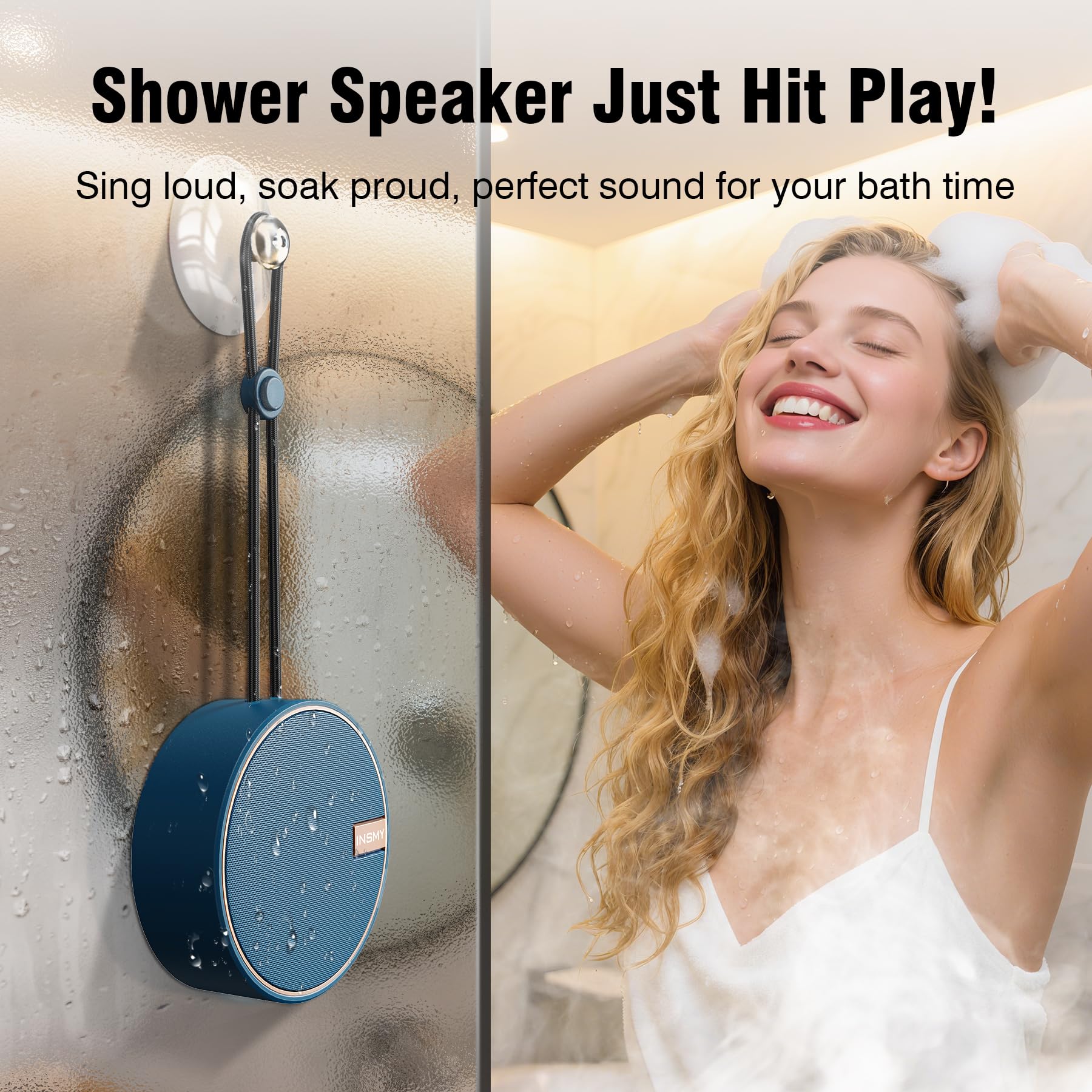 INSMY - Altavoz portátil bluetooth resistente al agua, protección IPX7, inalámbrico para exteriores, la ducha. Sonido HD, compatible con tarjetas micro SD, ventosa, 12 horas de reproducción; ideal