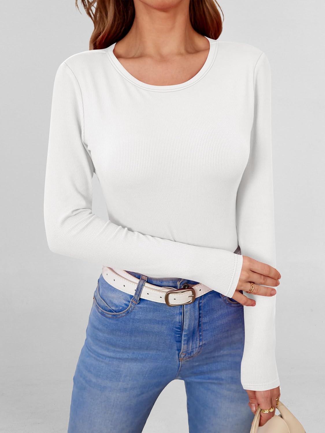 ANRABESS Women Long Sleeve Shirts Built-in Bra Crewneck Rib Knit Slim Fit Basic Tee Tops 2025 Fall Casual T-Shirt Base Layer - Image 2