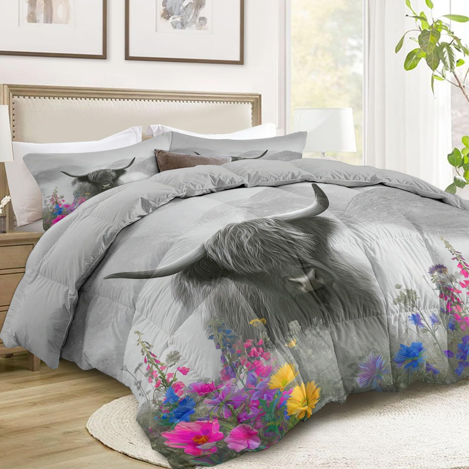 Piumone Invernale Matrimoniale 220 x 240 cm Acquerello Animali Bovini Delle Highlands Fiori Trapunta in Ecopiuma 400 gr/mq, Caldo ed Elegante – Biancheria da Letto Anallergica e Traspirante, Grigio