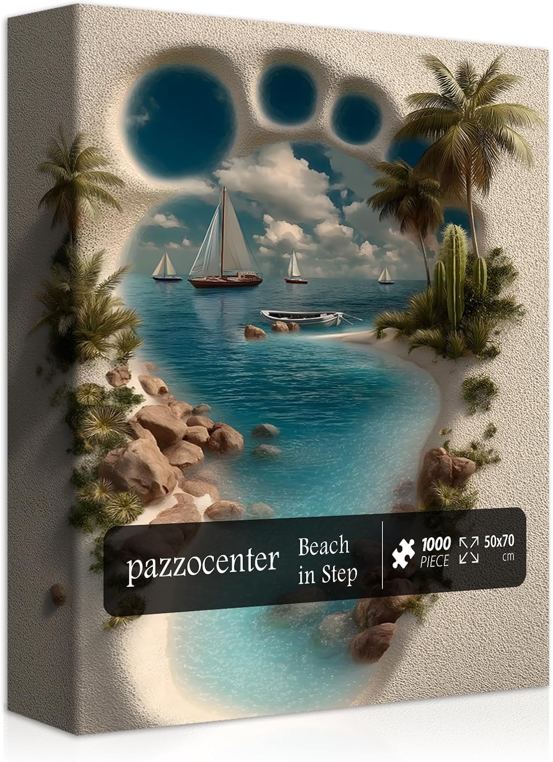 Beach Puzzles for Adults 1000 Pieces, Nature Ocean Scenery with Palm Tree Sailboat Jigsaw Puzzles, Footprint in Sand Scenic Puzzle, Beautiful Beach Landscape Wall Art
