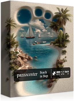Beach Puzzles for Adults 1000 Pieces, Nature Ocean Scenery with Palm Tree Sailboat Jigsaw Puzzles, Footprint in Sand Scenic Puzzle, Beautiful Beach Landscape Wall Art