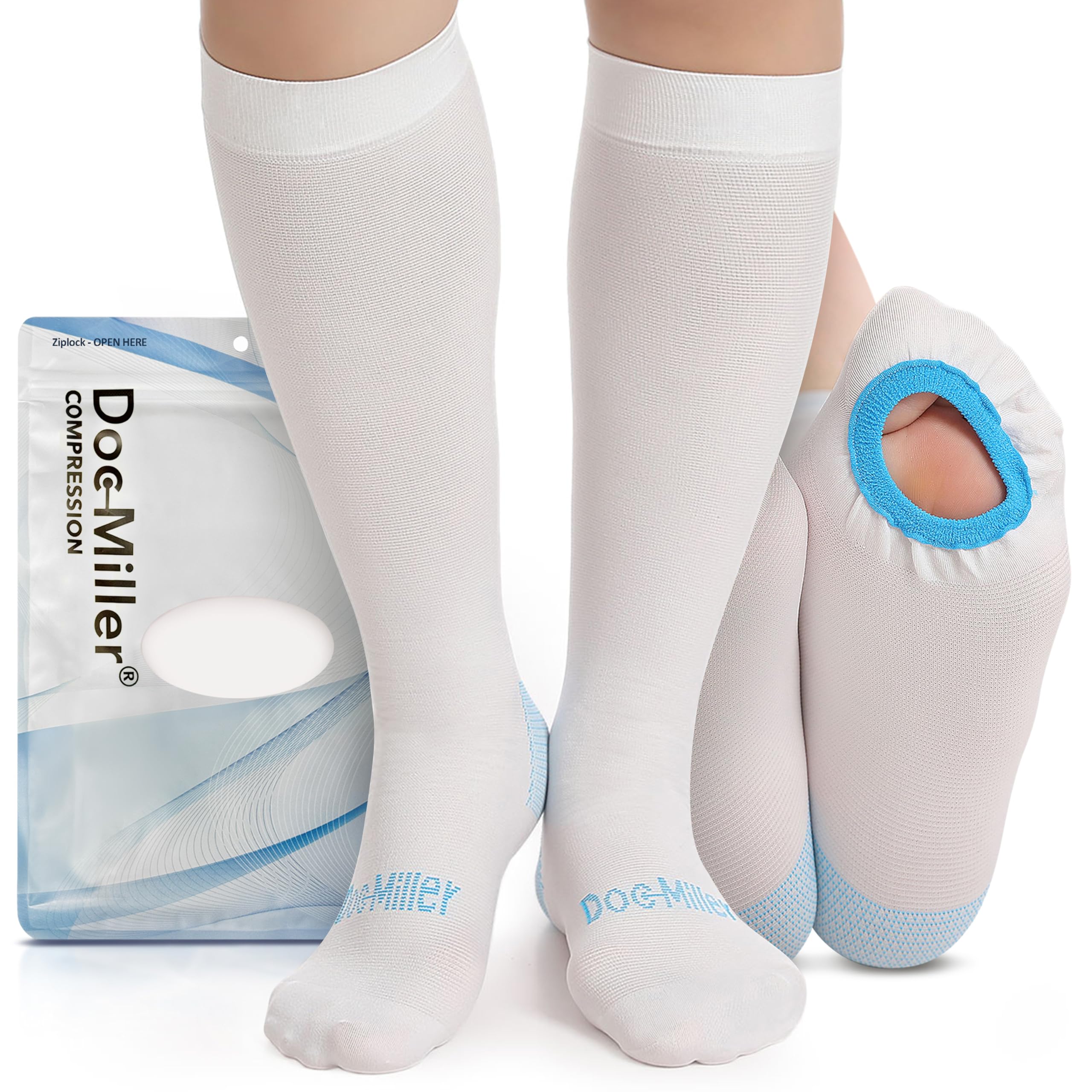 Doc Miller TED Hose Knee High Anti Embolism Stockings for Women & Men, Hospital Style Surgical Stockings, Plus Size White Compression Socks 15-20mmHg, Support Hose with Inspection Hole (M-5XL)