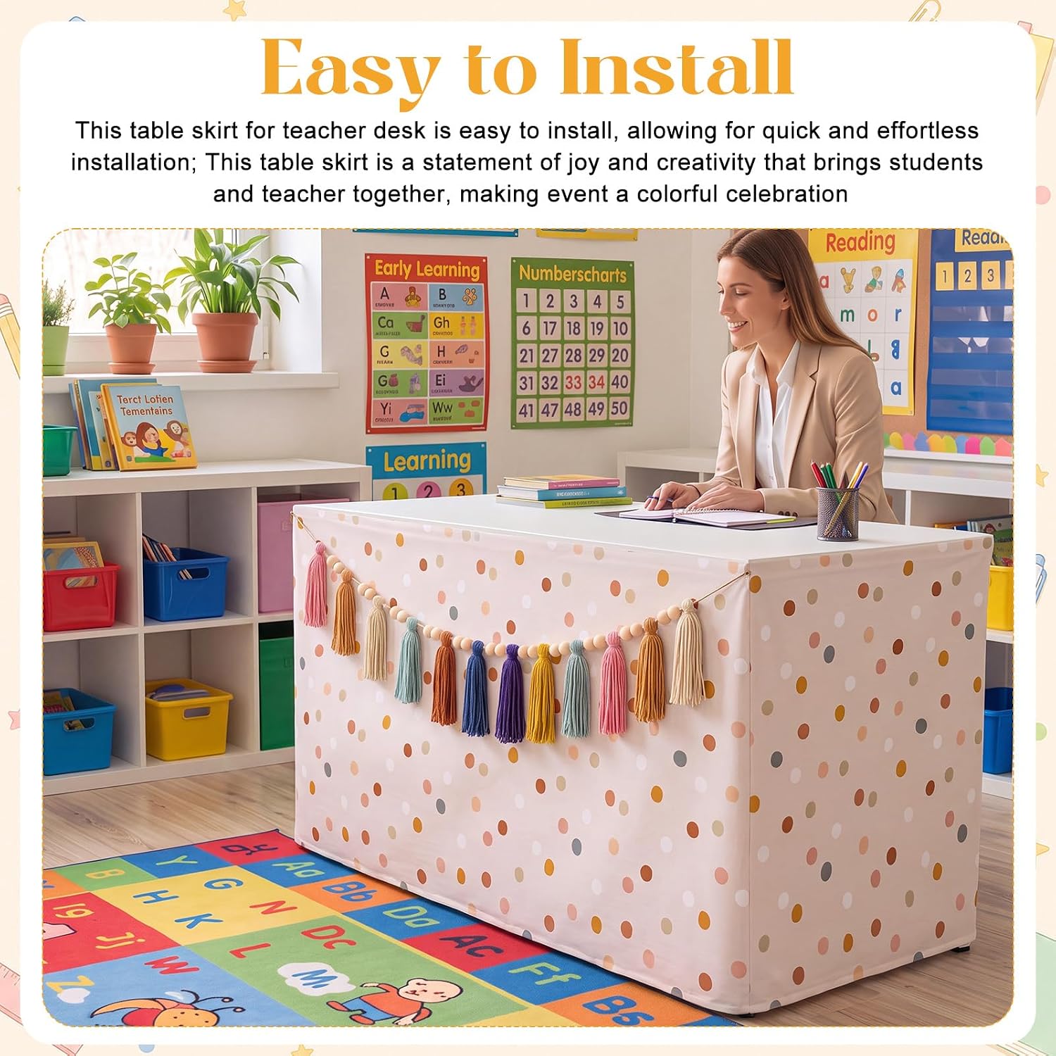 Irenare 2 Pcs 6ft Dot Table Skirt and Tassels Garland for Teacher Desk, Back to School Table Skirt Classroom Decoration for Class Rectangle Round Kidney Desk Dessert Tables