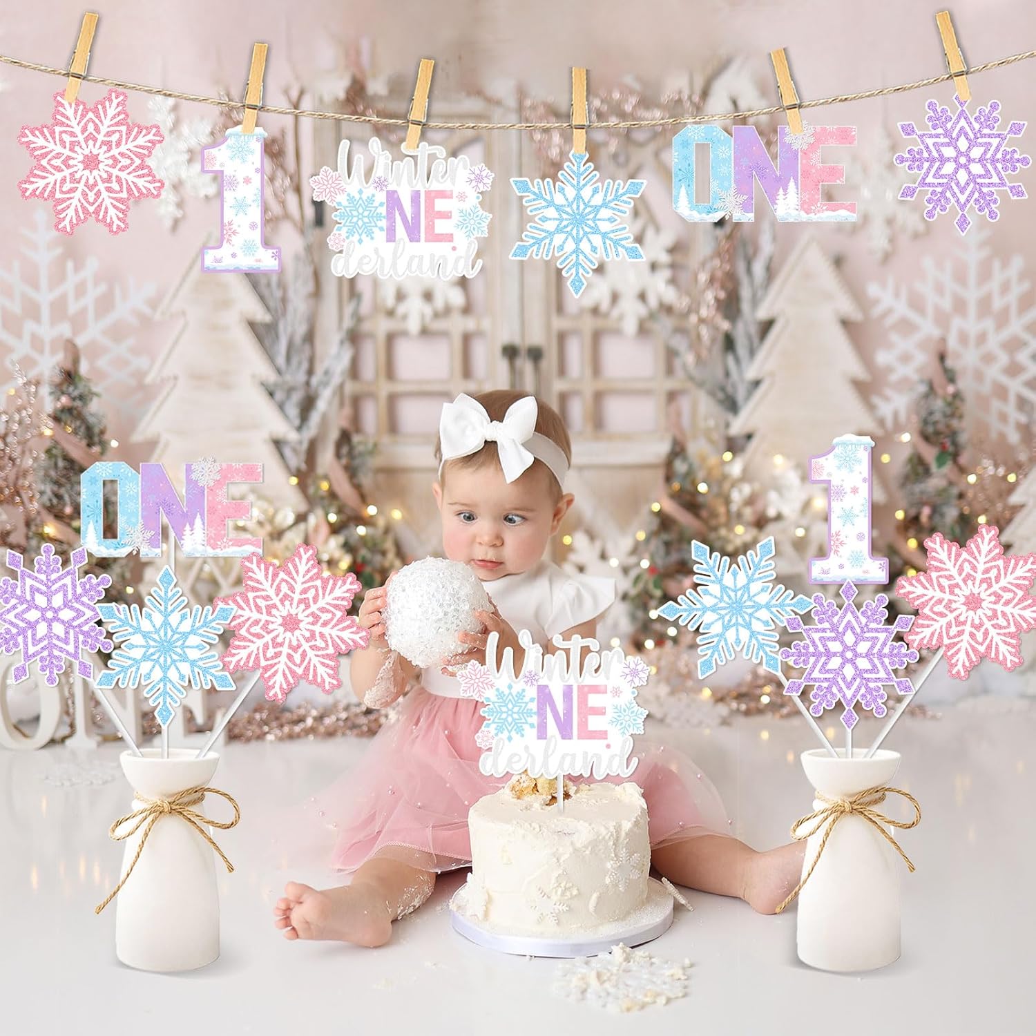 JOYMEMO 24 Pieces Snowflake 1st Birthday Centerpiece Sticks, Winter Onederland First Birthday Party Decorations Snowflake Table Toppers, One Year Old Girl Birthday Party Supplies