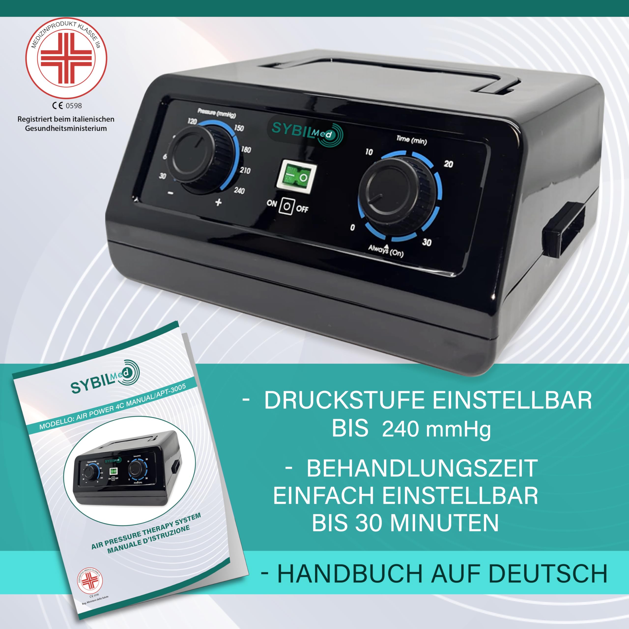 Air Power Professional Manuelle Lymphdrainage Pressotherapie, Heimpressotherapie, 4 Luftkammern mit 2 XL-Bein, Bauchband und Armband