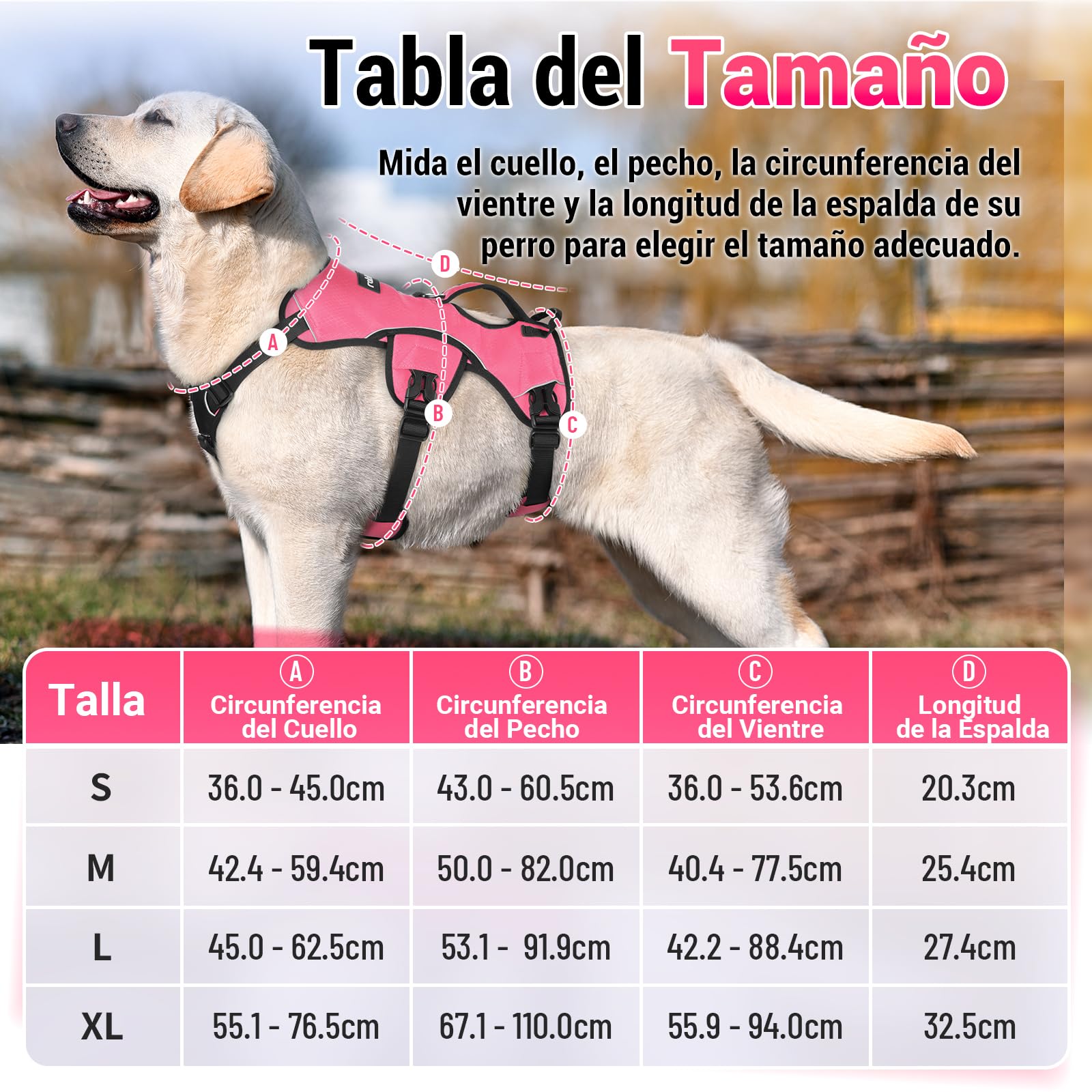 rabbitgoo Arnes Antitirones Perro Grande Mediano Ajustable con Manija de Espalda, Chaleco Acolchado Arnés para Perro Coche Lineas Reflecantes Paseo Fácil para Entrenamiento Tamaño Rosa S