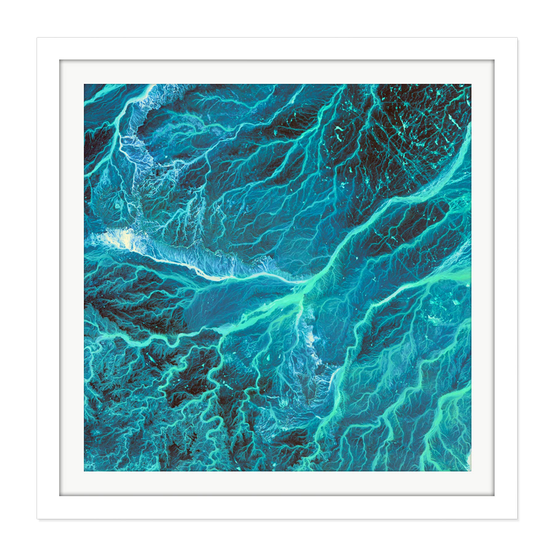 Abstract Blue Lightning Ripples Square Wooden Framed Wall Art Print Picture 16X16 Inch
