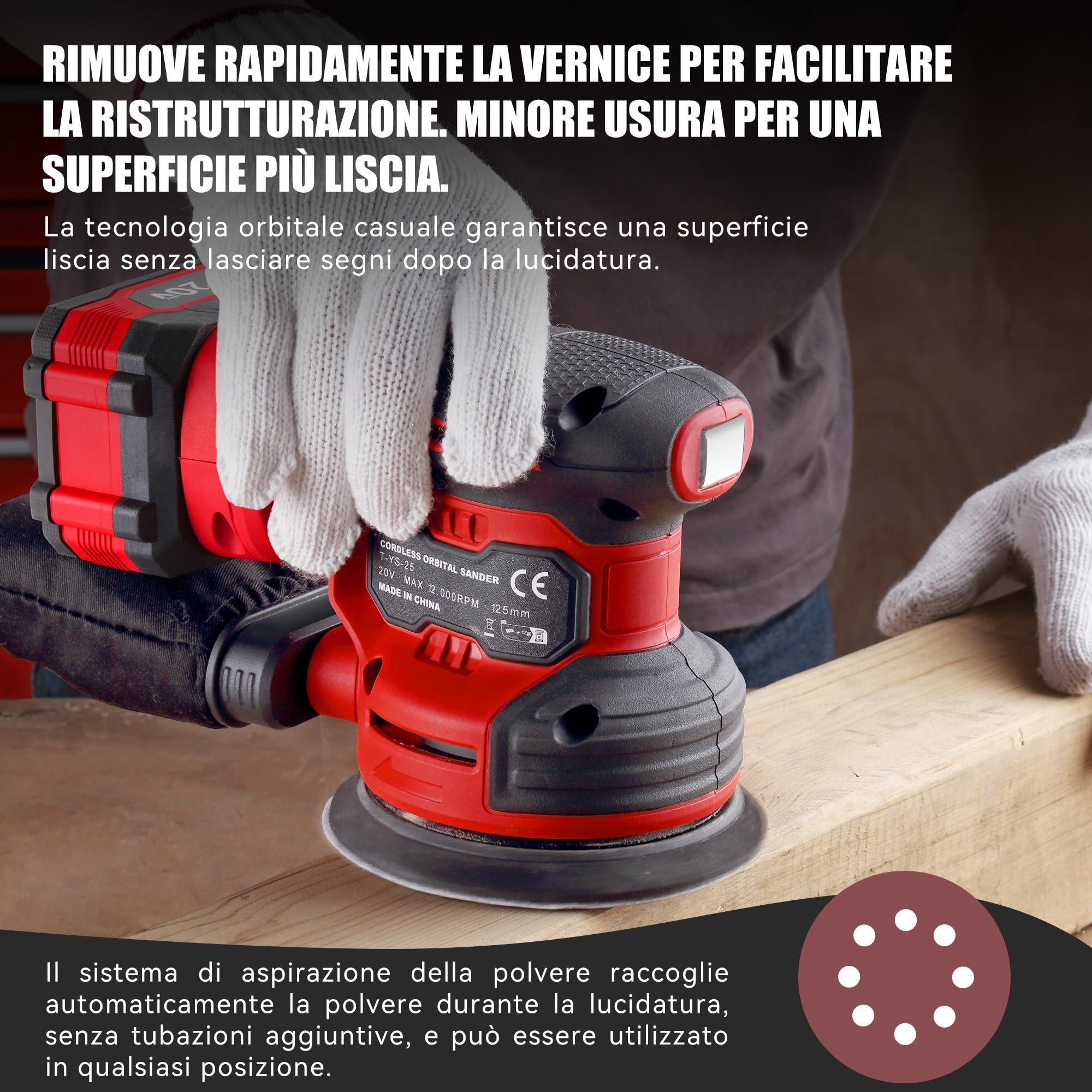 TEENO Levigatrice Orbitale a batteria 4A丨Platorello 125 mm | Levigatrici Eccentriche senza fili 20V丨6000-12000 giri/min丨6 Velocità丨25 carte vetrate丨Sacco Polvere