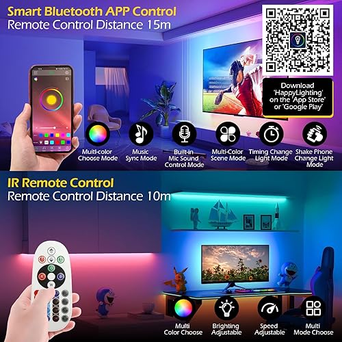 Miniatura 9 de Dyna-Living Luz LED RGBIC de 30 pies para escaparate y luces LED RGB de 200 pies, aplicación Bluetooth y control remoto IR, luces LED impermeables