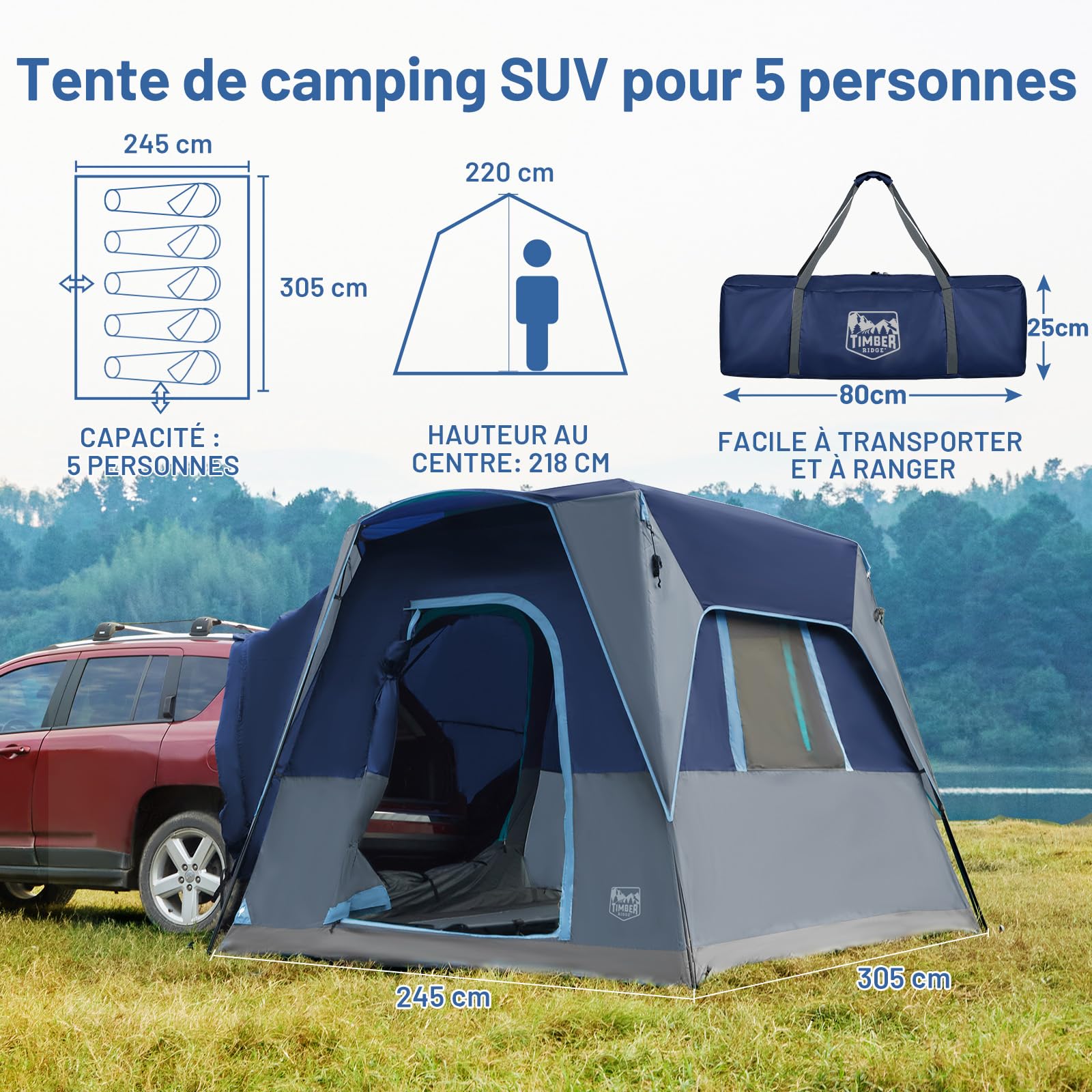 TIMBER RIDGE Tente arrière de voiture pour 4 à 5 personnes, étanche | Tente de camping étanche 2000 mm pour caravane, voyage, famille, 305 x 245 cm