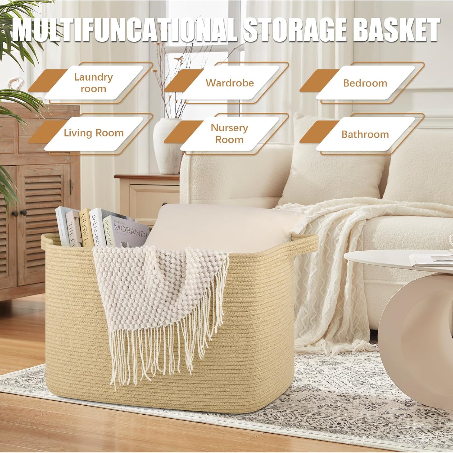 118L Extra Large Blanket Basket, 24.8"x17.7"x16.2" Woven Rope Baskets for Storage, Nursery Blanket Storage for Living Room, Toy Basket with Handle Organizing Comforter Cushions Pillows, Jute