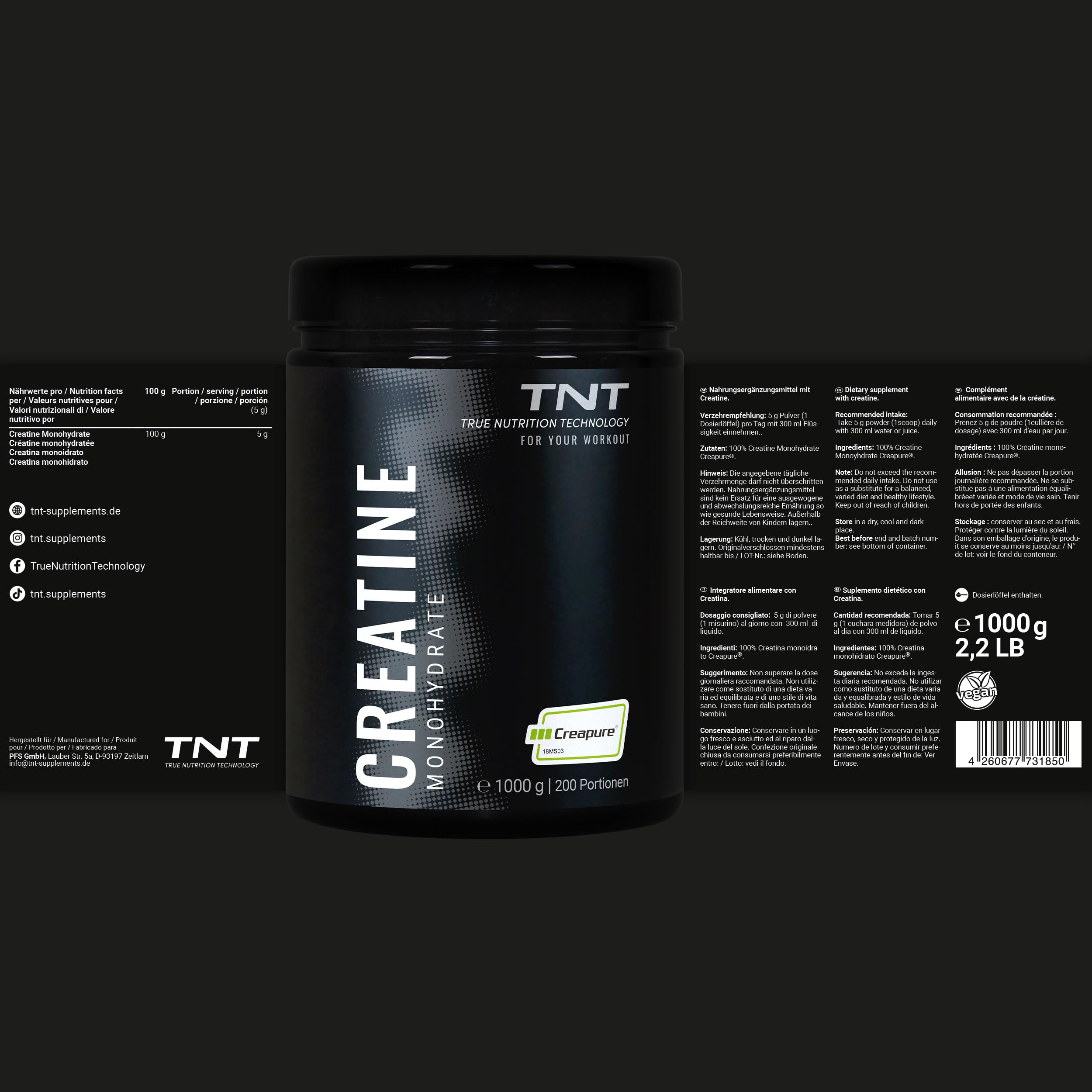 TNT Creatin Monohydrat (1000g) • Reines Creapure® • Veganes Kreatin Pulver • Creatine Monohydrate ohne Zusätze • Ultrafein & perfekt löslich • Mikronisiertes Kreatin