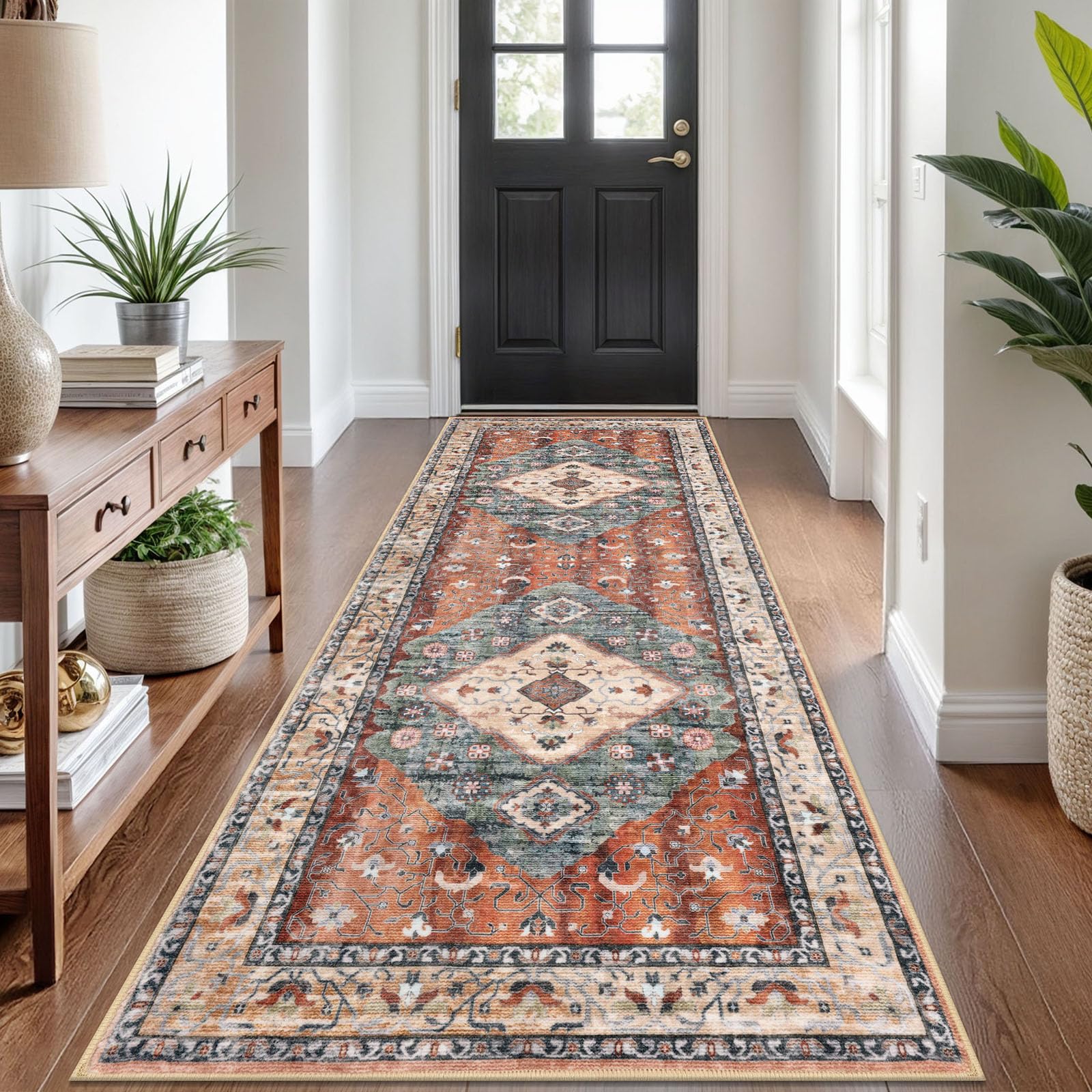 KOZYFLY Runners for Hallways 3x8 Ft Washable Kitchen Runner Rug Boho Runner Rug for Entryway Indoor Rust/Orange/Blue Printed Oriental Faux Wool Floor