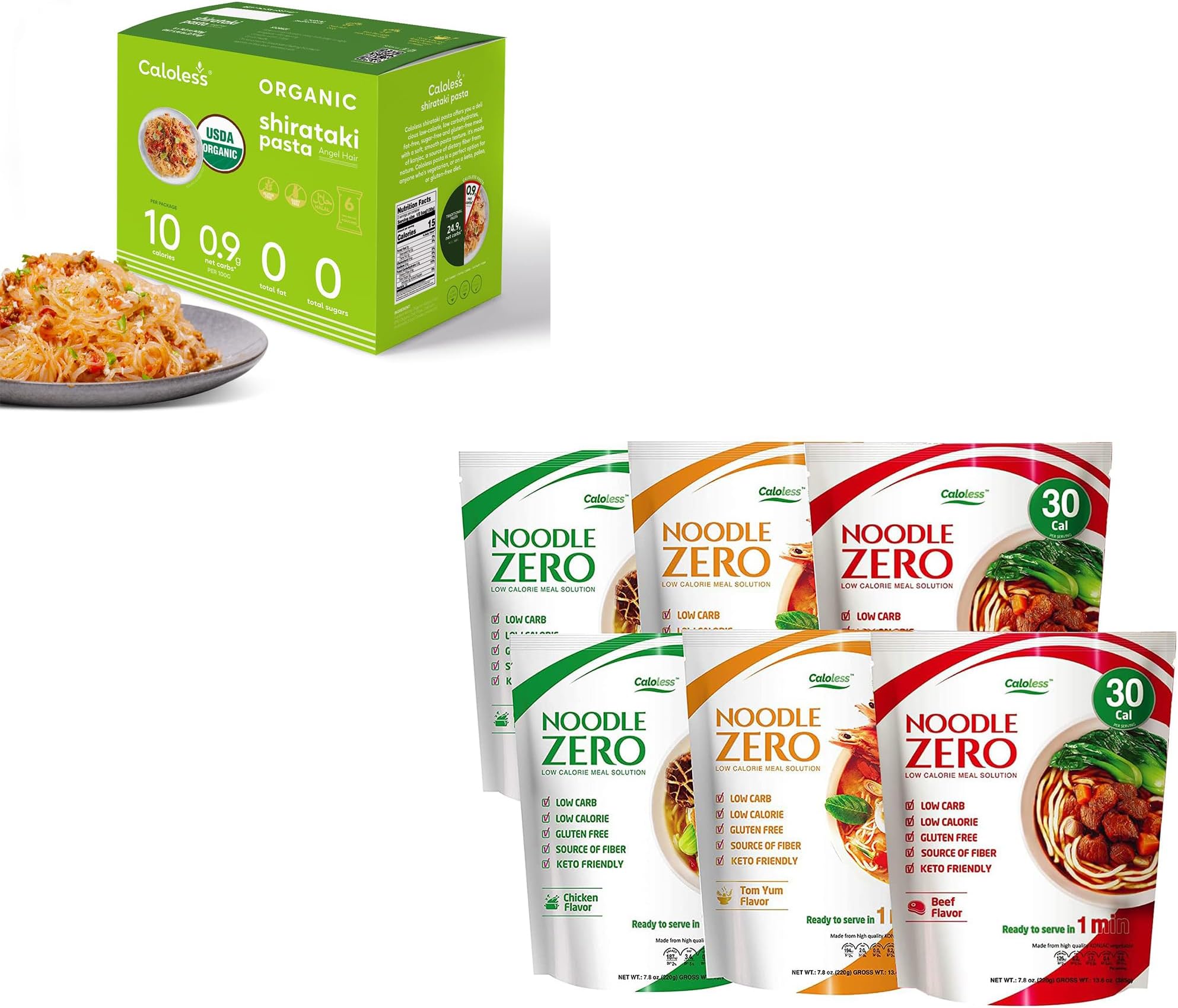 Caloless Konjac Shirataki Noodles 6-Pack Keto Snacks Angel Hair+Caloless Konjac Shirataki Noodles 6-Pack Low Calorie Healthy Food (Chicken/Beef/Tom Yum)