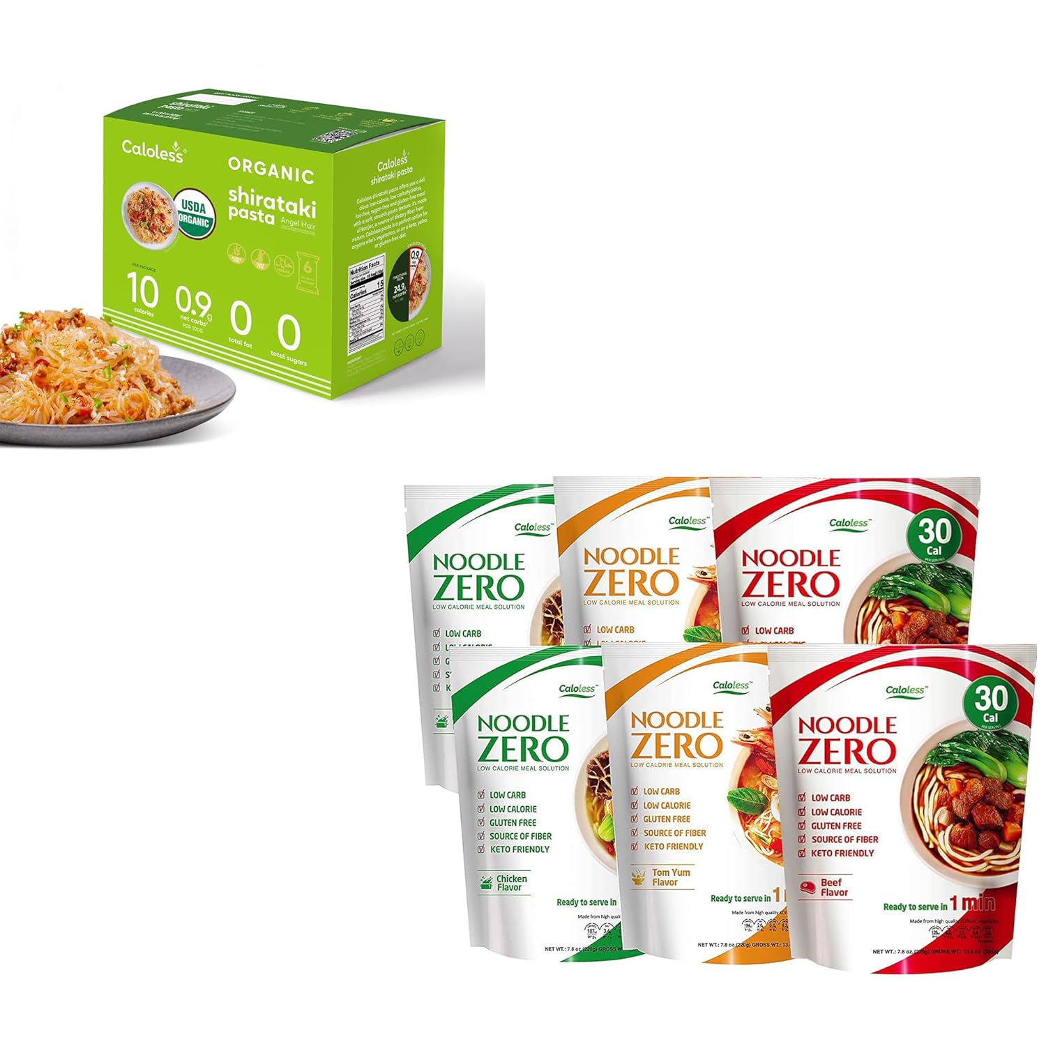 Caloless Konjac Shirataki Noodles 6-Pack Keto Snacks Angel Hair+Caloless Konjac Shirataki Noodles 6-Pack Low Calorie Healthy Food (Chicken/Beef/Tom Yum)