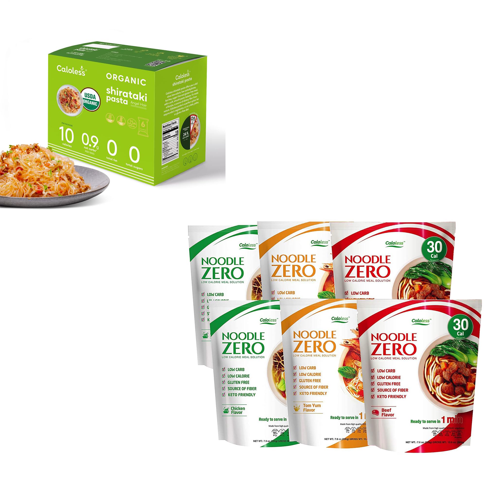 Caloless Konjac Shirataki Noodles 6-Pack Keto Snacks Angel Hair+Caloless Konjac Shirataki Noodles 6-Pack Low Calorie Healthy Food (Chicken/Beef/Tom Yum)