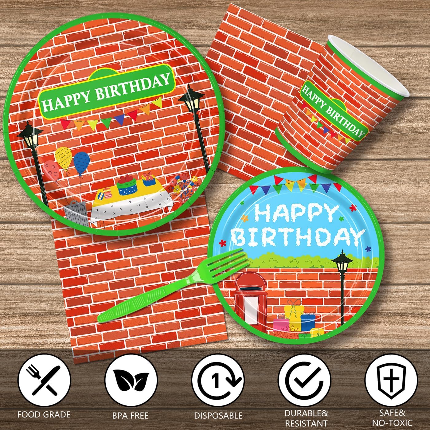 168pcs Red Brick Wall Street Birthday Party Supplies Plates Napkins | Paper Cups Disposable Tableware Set Modern Cartoon Street Party Decorations for Kids Boys Birthday Decor Serves 24