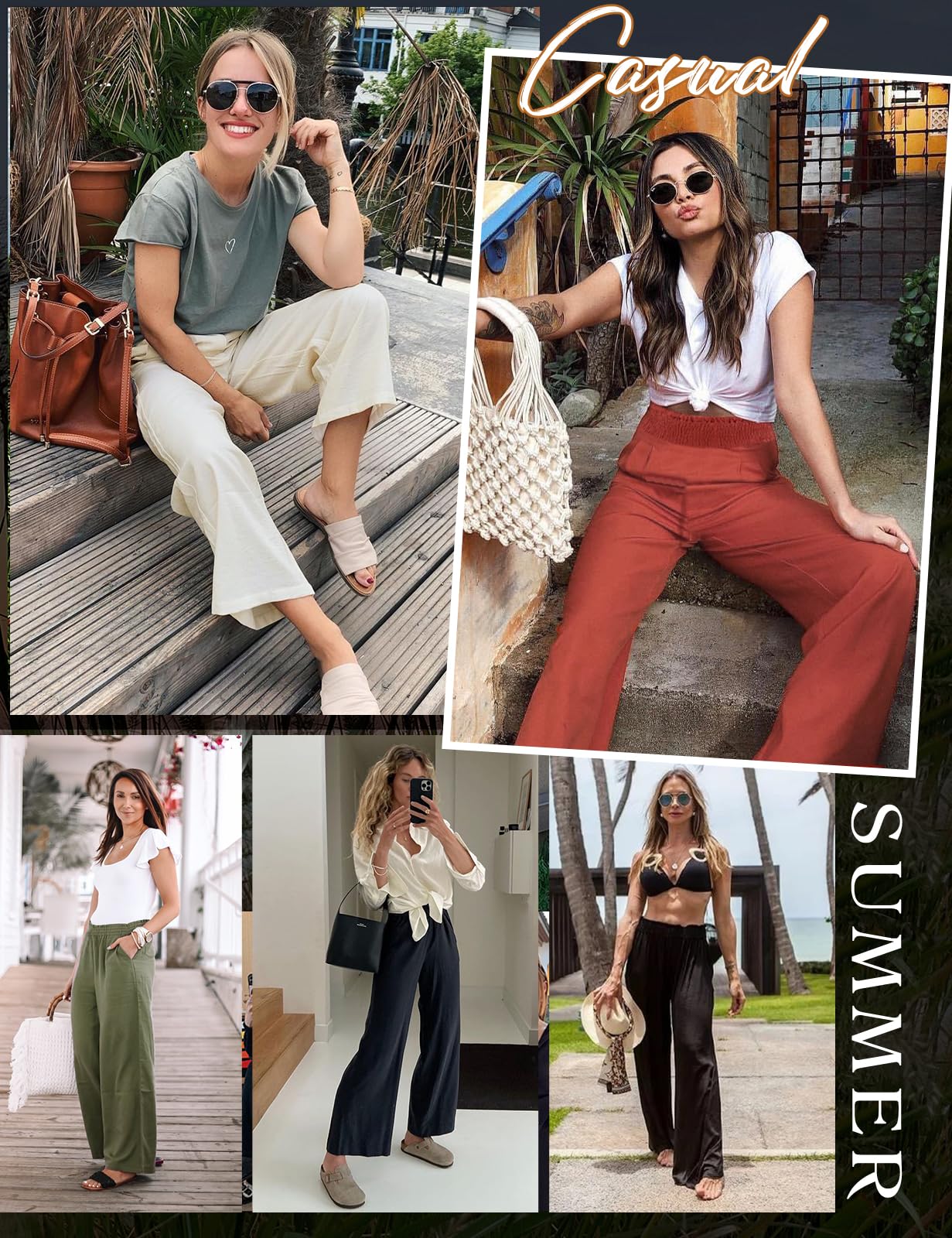 Pantalon Femme Été Lin Pantalons Taille Haute Elastique Ample Pantacourt Coton Grande Longueur Palazzo Pants Jambe Large Fluide Droit Décontractée avec Poches