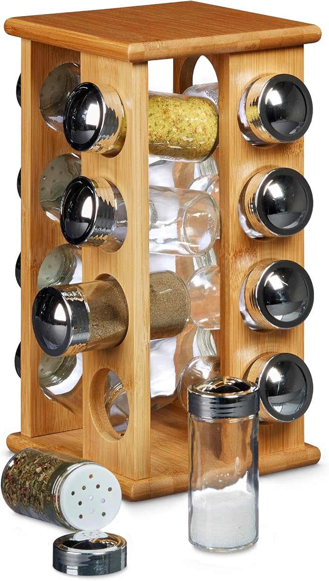 Relaxdays Bamboo Spice Rack with 16 Spice Jars Size 30 x 19.5 x 19.5