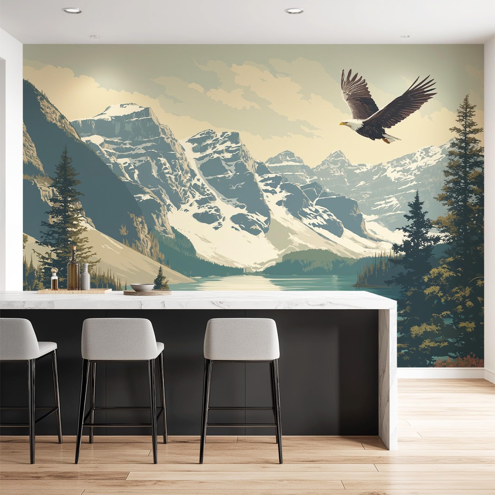 Fototapeta ścienna w stylu vintage, krajobraz, 200 x 140 cm (szer. x wys.), śnieżne góry, natura, orzeł, wymagana tapeta, tapeta, mural do standardowej sypialni, salonu, pokoju dziecięcego, możliwość