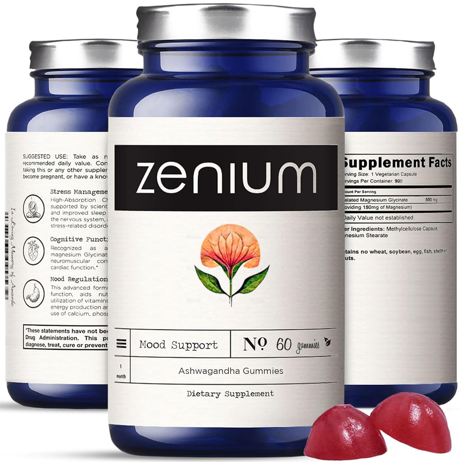 Zenium Ashwagandha KSM 66 Gummies for Stress Support Relaxation Sleep 60 Count Mango Flavored Calm Mind Body Relieve