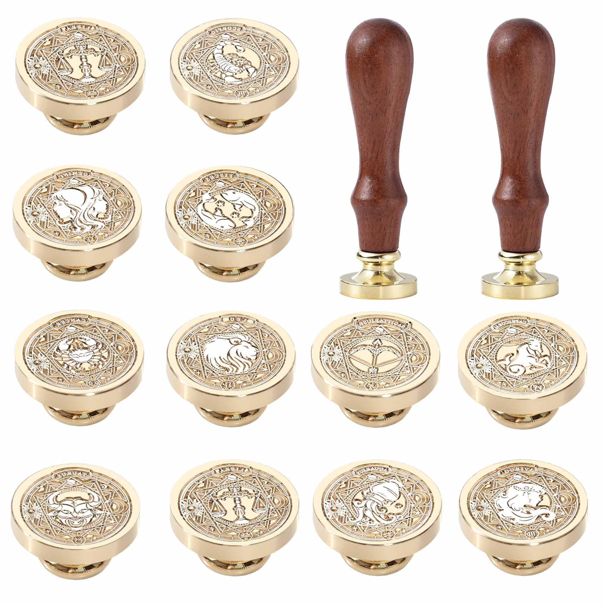 Zestaw pieczęci woskowych zodiaku, 12 szt. konstelacji, zestaw pieczęci woskowych 30 mm, retro, mosiężna pieczęć z uchwytem, do kopert zaproszeń, zestaw 12 konstelacji