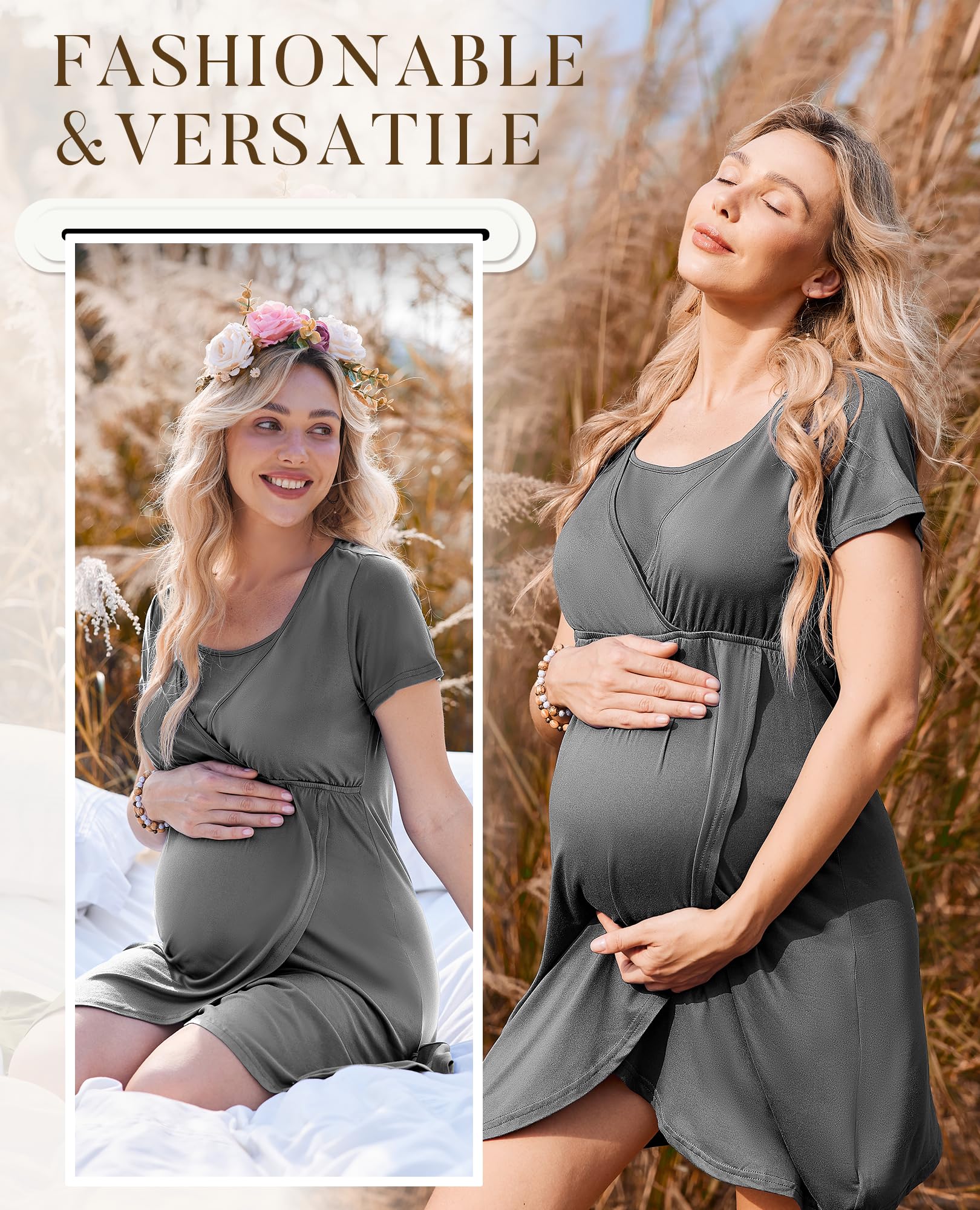 Camicia da notte infermieristica manica corta Breasfeeding abito da parto abito premaman, Grigio, X-Large