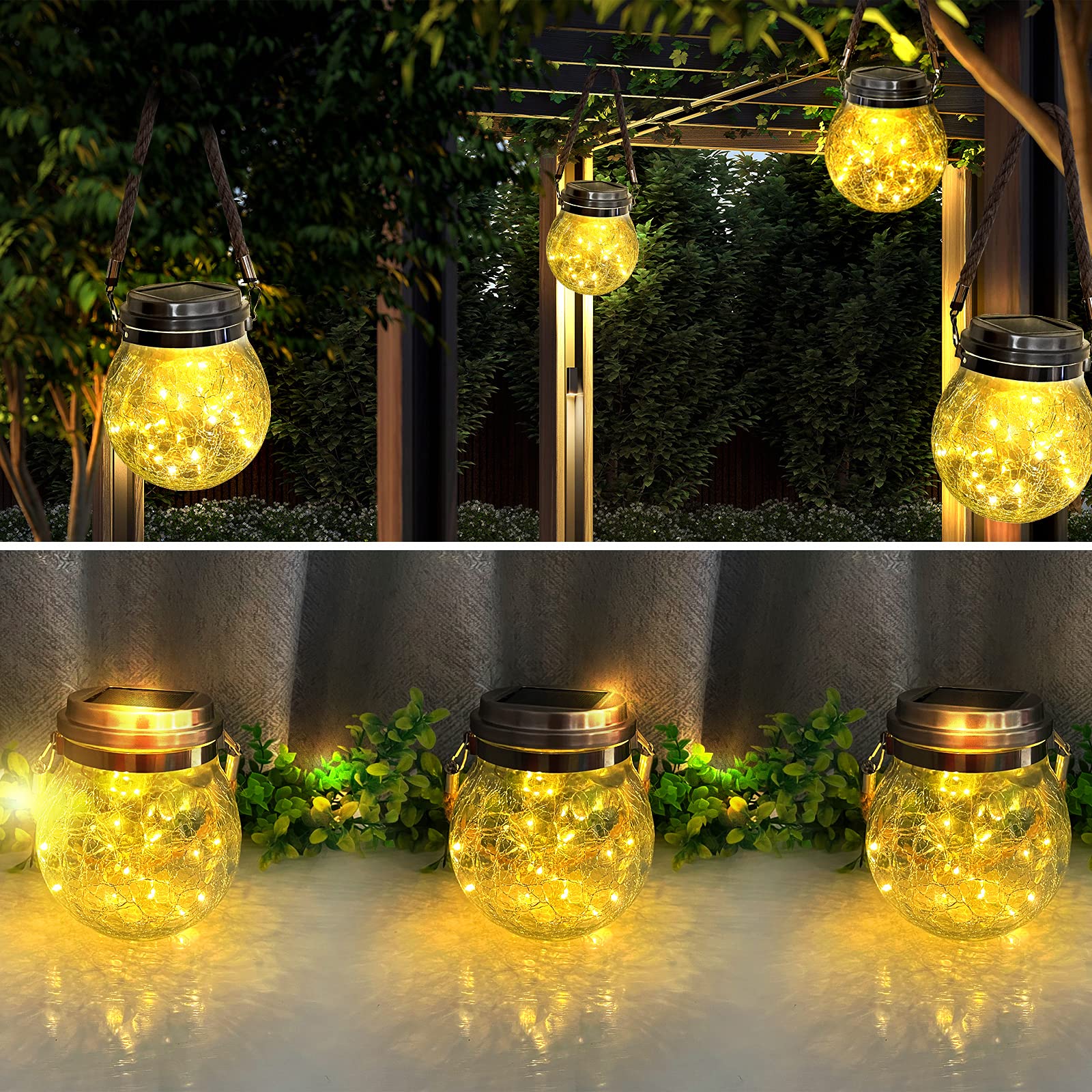 XVZ Lanterne Da Esterno, 2 Pezzi IP65 Impermeabili Lampade Solari Sospese in vetro sferico per Giardini, Cortili, Alberi, Gazebo, Natale, Feste - Bianco Caldo