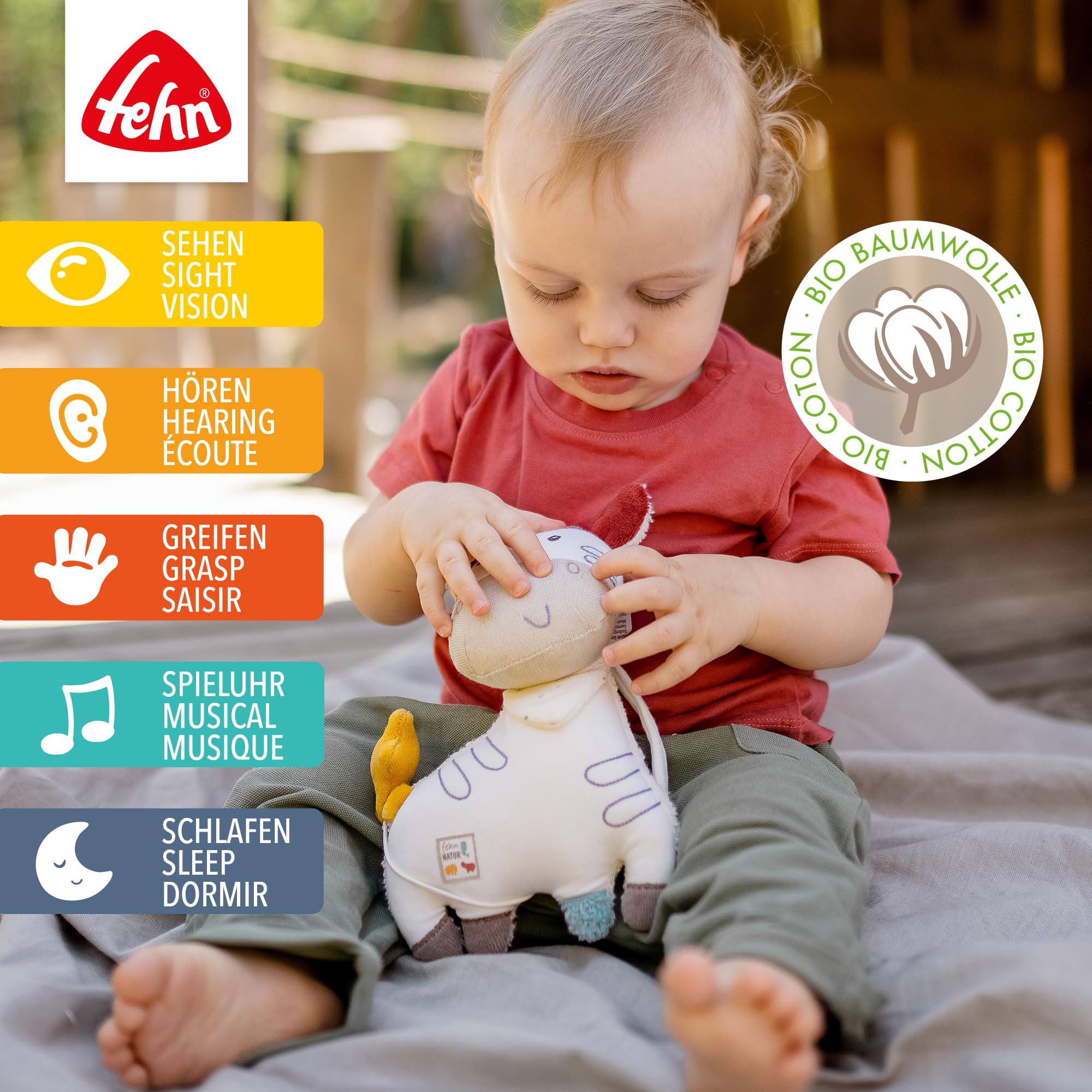 Fehn NATUR pozytywka dla niemowląt pomoc w zasypianiu Zebra - przytulanka z bawełny organicznej - pomoc w zasypianiu melodia "Bruder Jakob" - zabawka dla niemowląt w podróży i w domu - zabawka