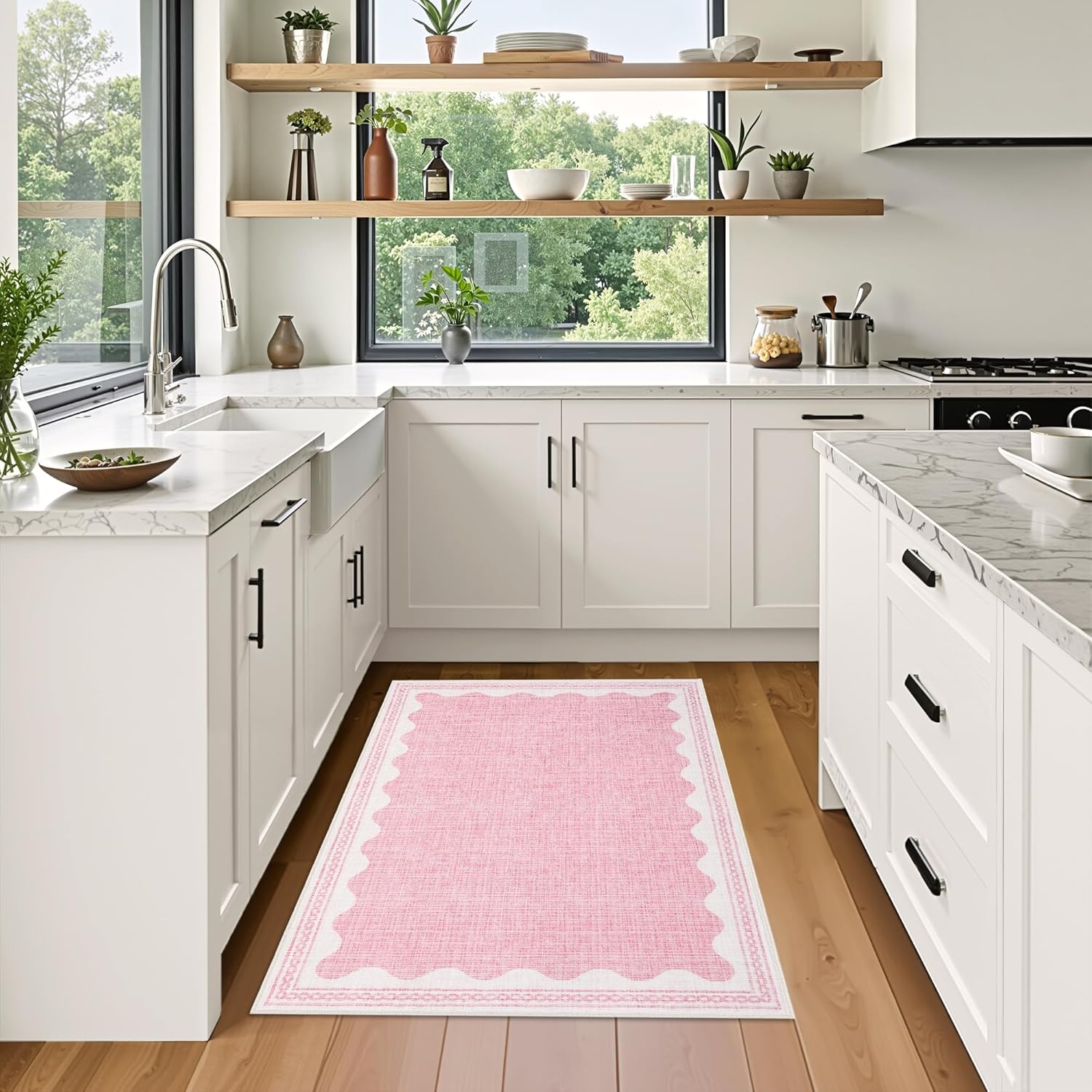 GarveeHome 4x6 Rug Non-Slip Washable Low-Pile Carpet - Scalloped Solid Pink Modern Minimalism Rugs for Bedroom Living Room Nursery Kitchen Entryway Indoor Mat with Rubber Back - Image 3