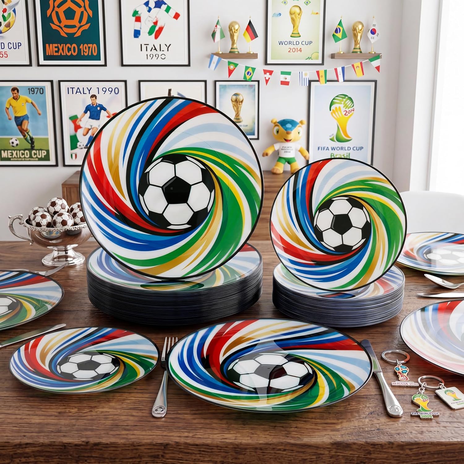 LIYH 60 Pcs World Cup Soccer Plastic Plates - Heavy Duty Disposable Plates for Global Soccer Themed Celebration Party Supplies 10.25" Dinner & 7.5" Dessert Plate