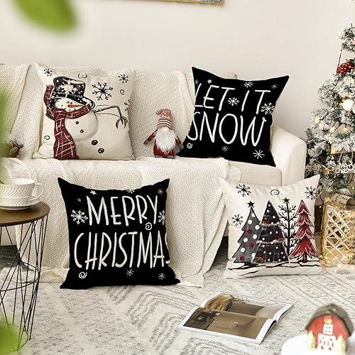 Miniatura 9 de AVOIN colorlife Juego de 4 fundas de almohada con diseño de muñeco de nieve con texto en inglés Merry Christmas con diseño de muñeco de nieve Let It