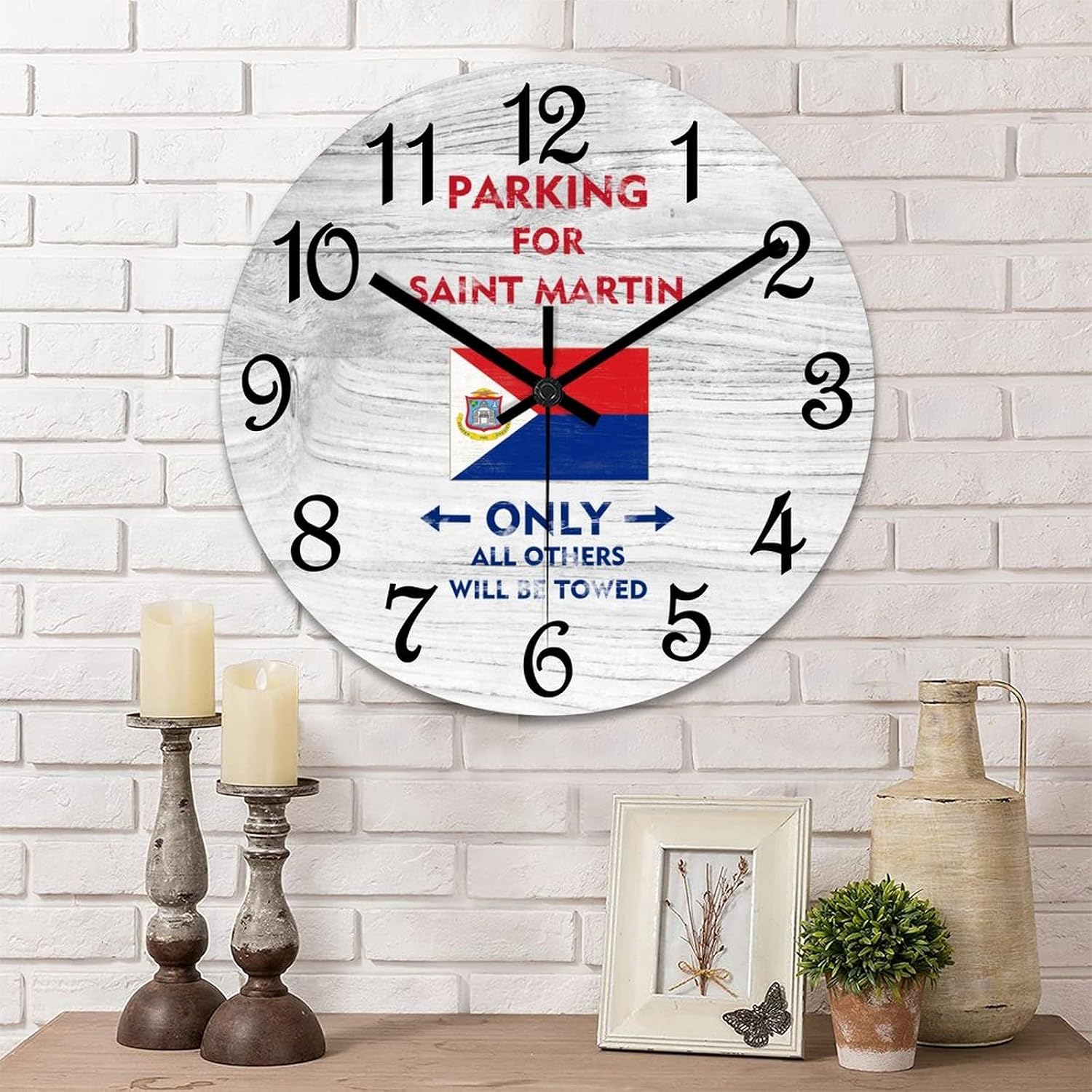 Parking for Saint Martin Only All Others Will Be Towed Round Wall Clock Sint Maarten Flag Clock Wall Art Wood Clock Silent Non-Ticking Decorative Wall Clock for Living Room Bedroom Kitchen 15"