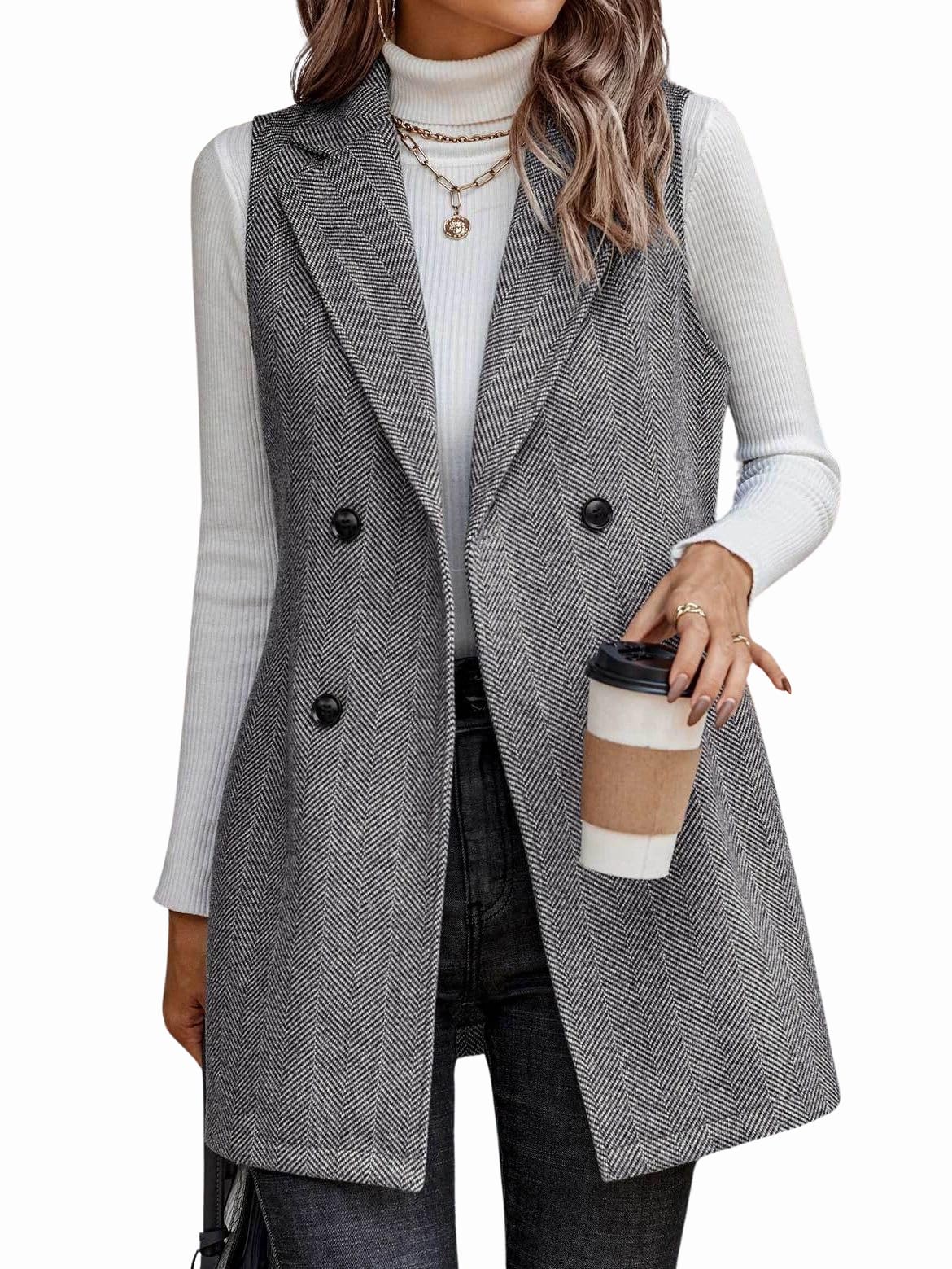 ebossy Womens Herringbone Tweed Blazer Vest Classic Notch Lapel Double Breasted Slim Fit Jacket