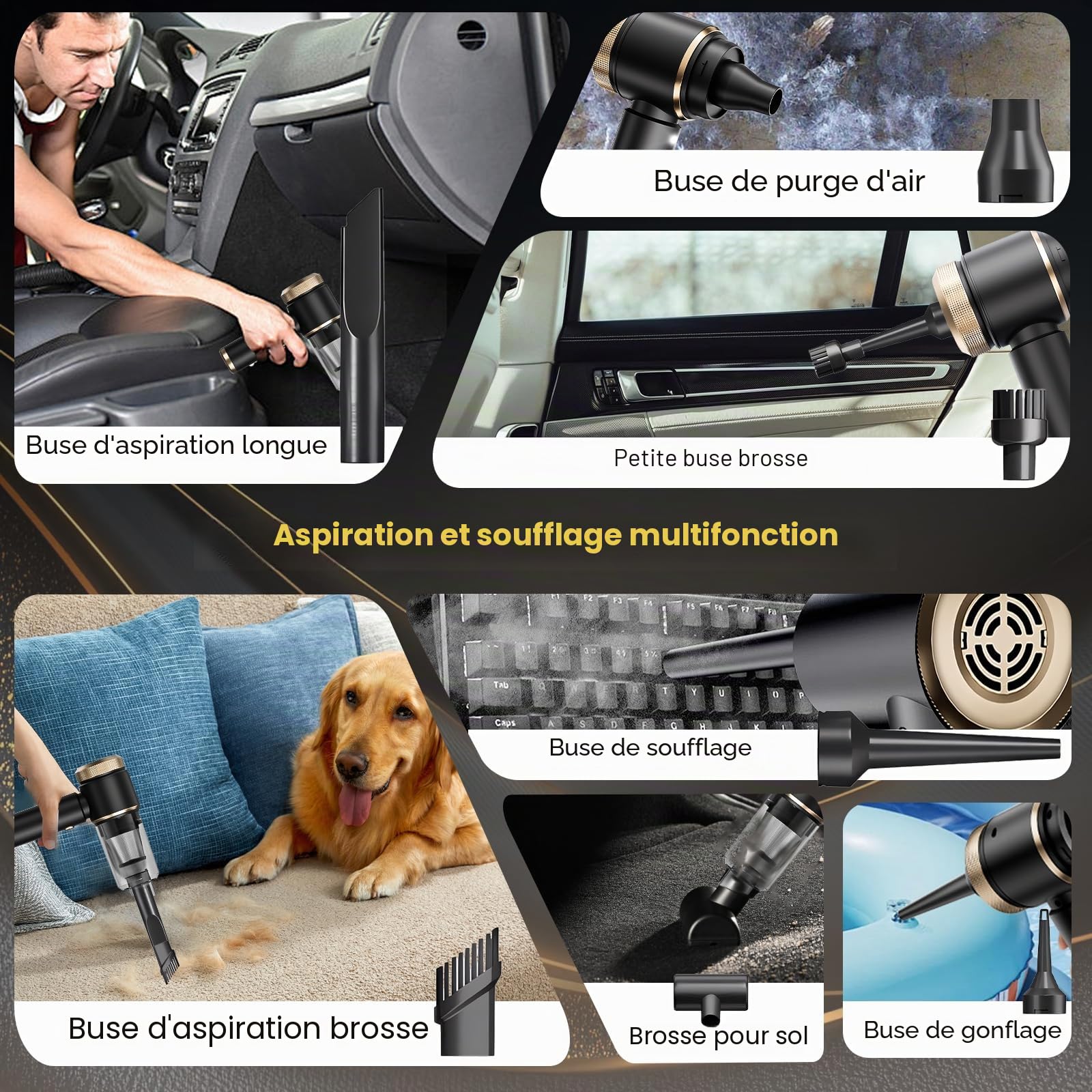 Aspirateur à Main, 5500Pa Aspirateur Voiture Puissant, 4 en 1 Aspirateur sans Fil avec buse Multifonction, idéal pour la Voiture, la Maison, Les Animaux domestiques et Le Bureau
