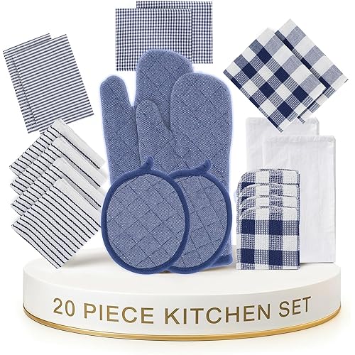 LANE LINEN Flour Sack Dish Towels Set - 20 Pc Kitchen Towel Set with Pot Holders and Oven Mitts,100% Cotton Kitchen Towels, Absorbent Dish Towels: Indigo