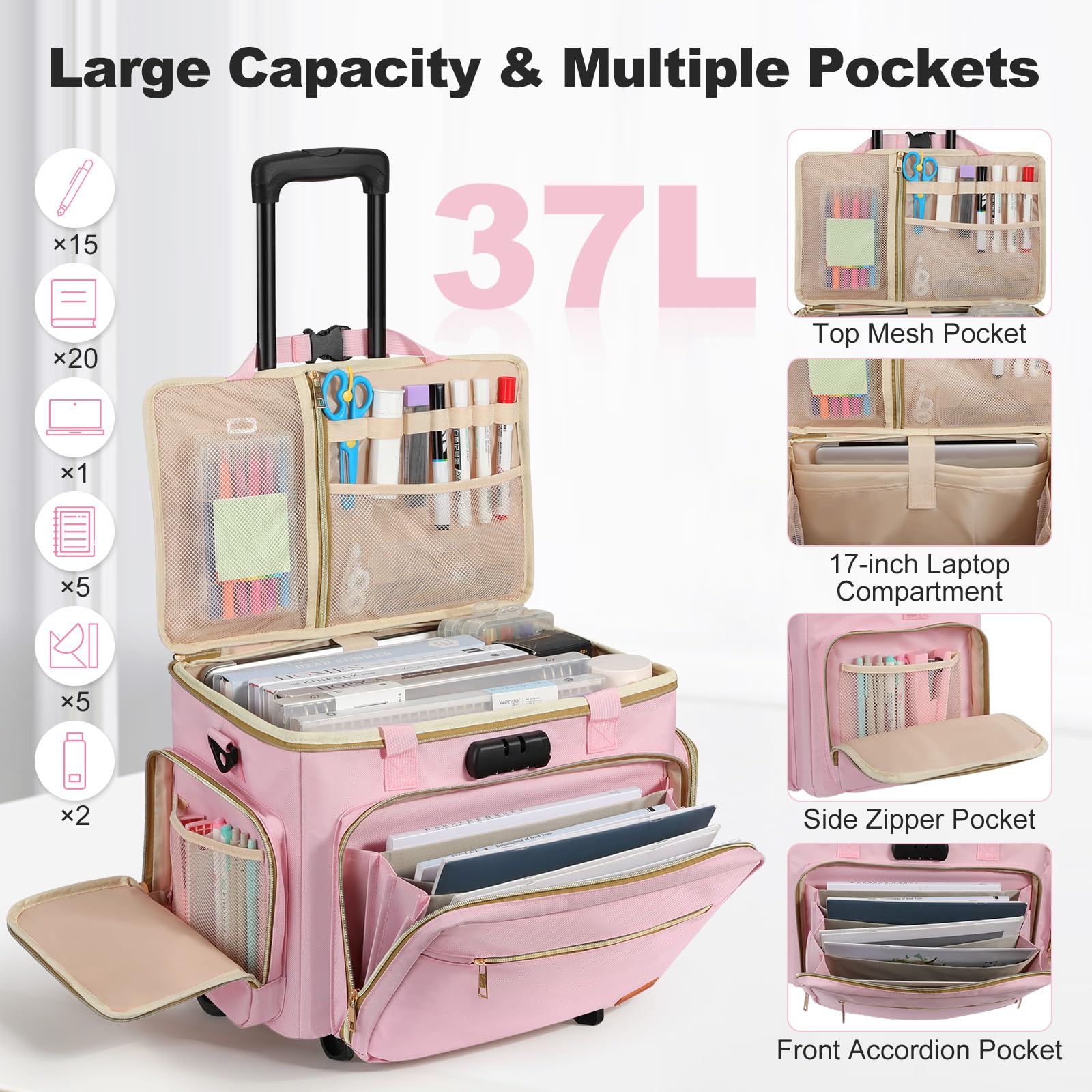 Housolution Bolsa para Maestros con Ruedas, Tote con Carro Desmontable, Estuche Portátil con Ruedas para Trabajo, Maletín con Organizador de Archivos Acordeón, Compatible con Laptop de 15,6", Rosa
